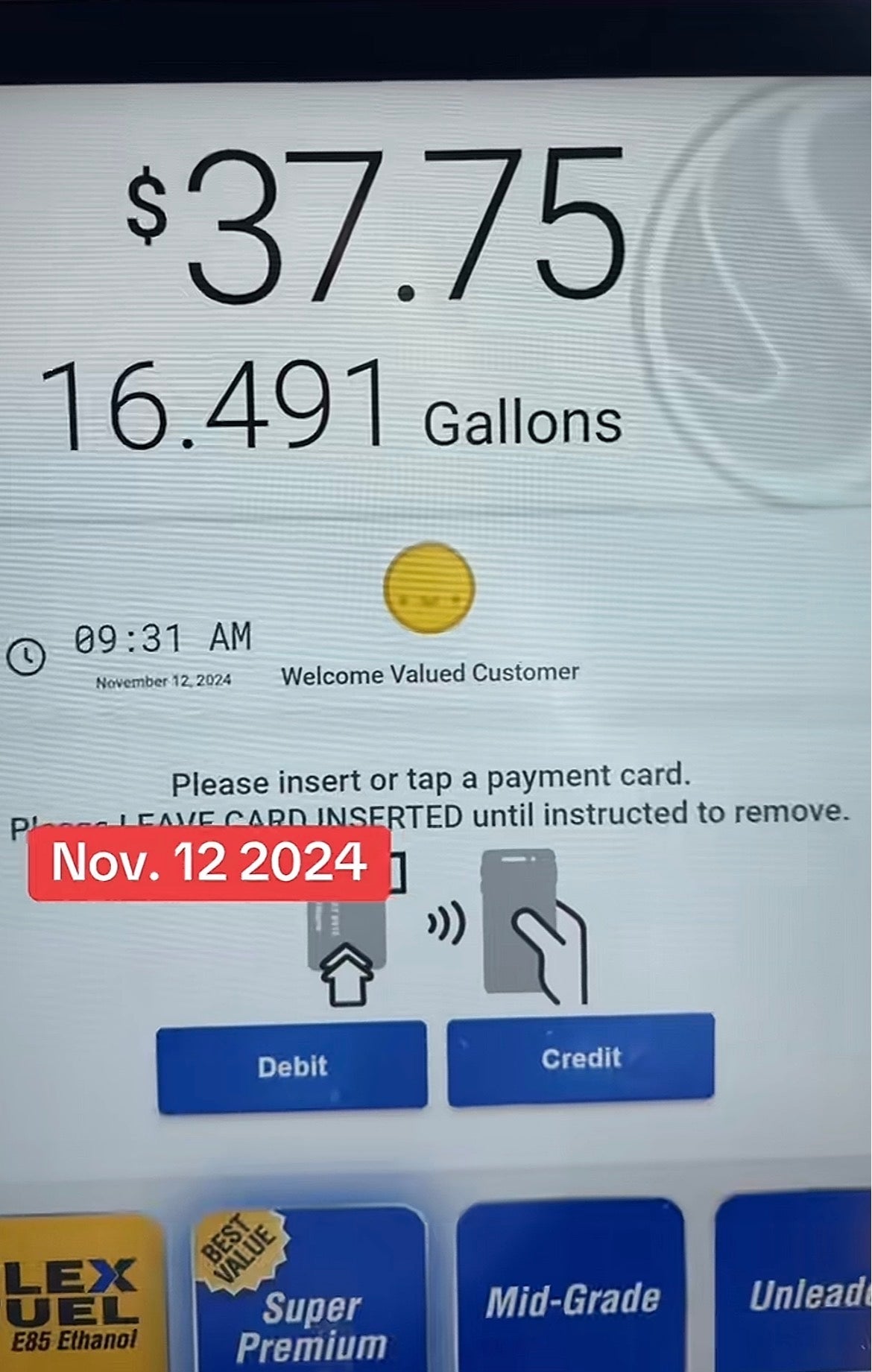 Gas pump screen showing a transaction of $37.75 for 16.491 gallons. Date is November 12, 2024, at 9:31 AM. Options for debit or credit payment shown