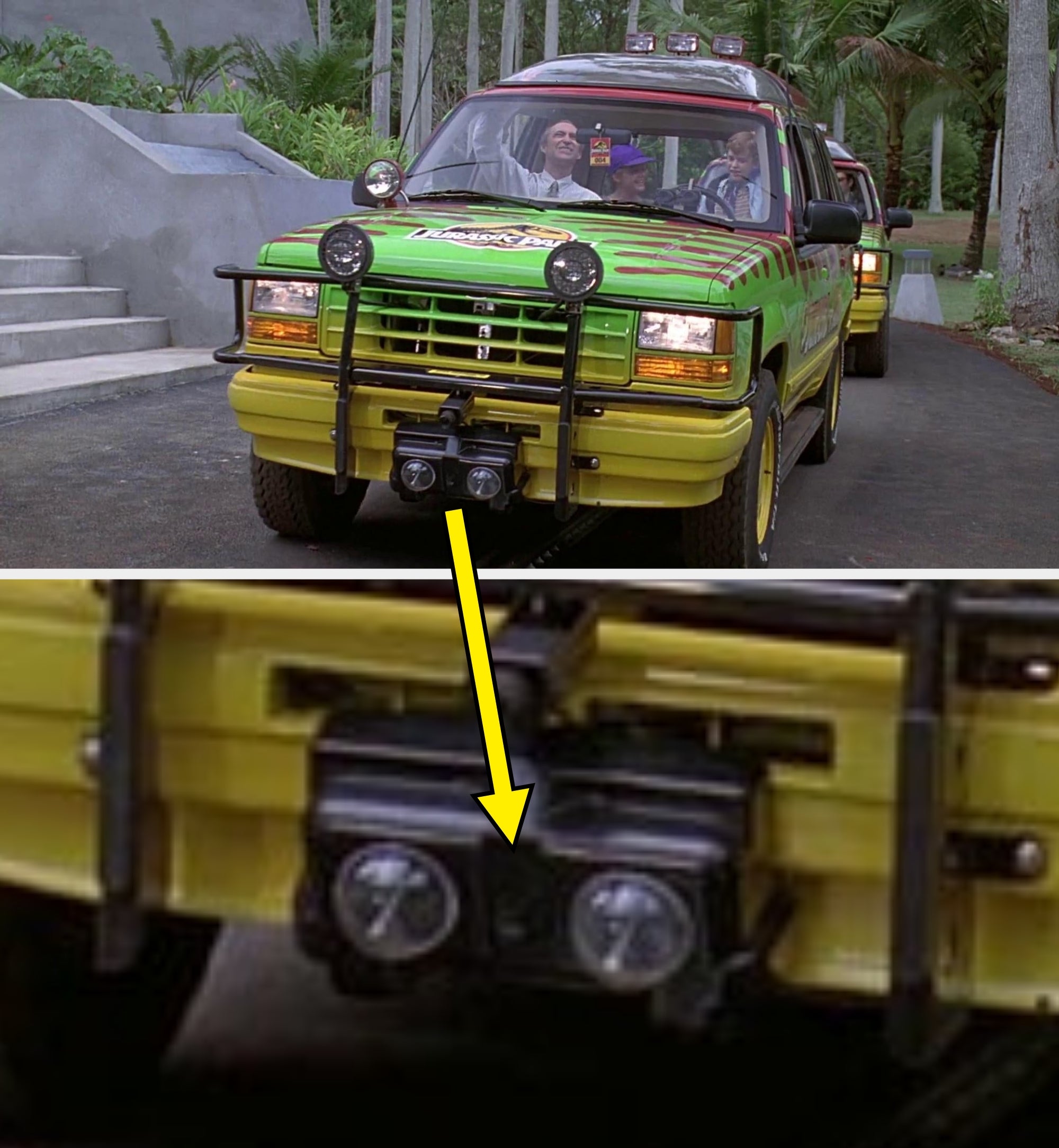 Tour jeep from a dinosaur-themed movie, with colorful patterns and logos, on a road surrounded by palm trees. Passengers are visible inside