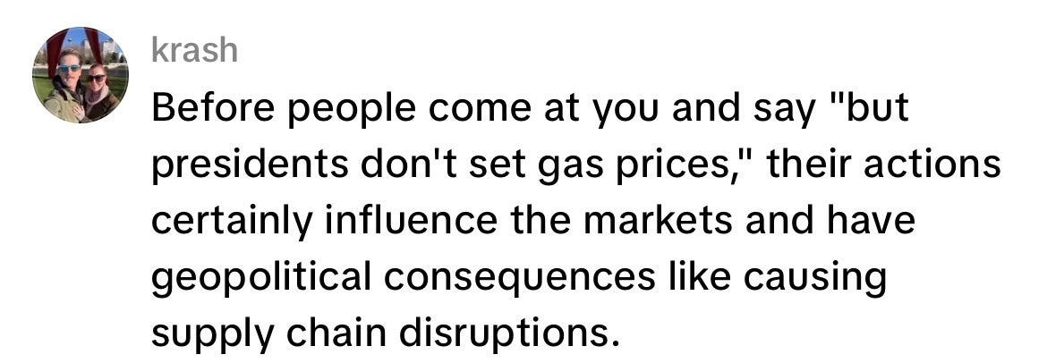 Text: Presidents don’t set gas prices, but their actions influence markets and have geopolitical consequences like supply chain disruptions
