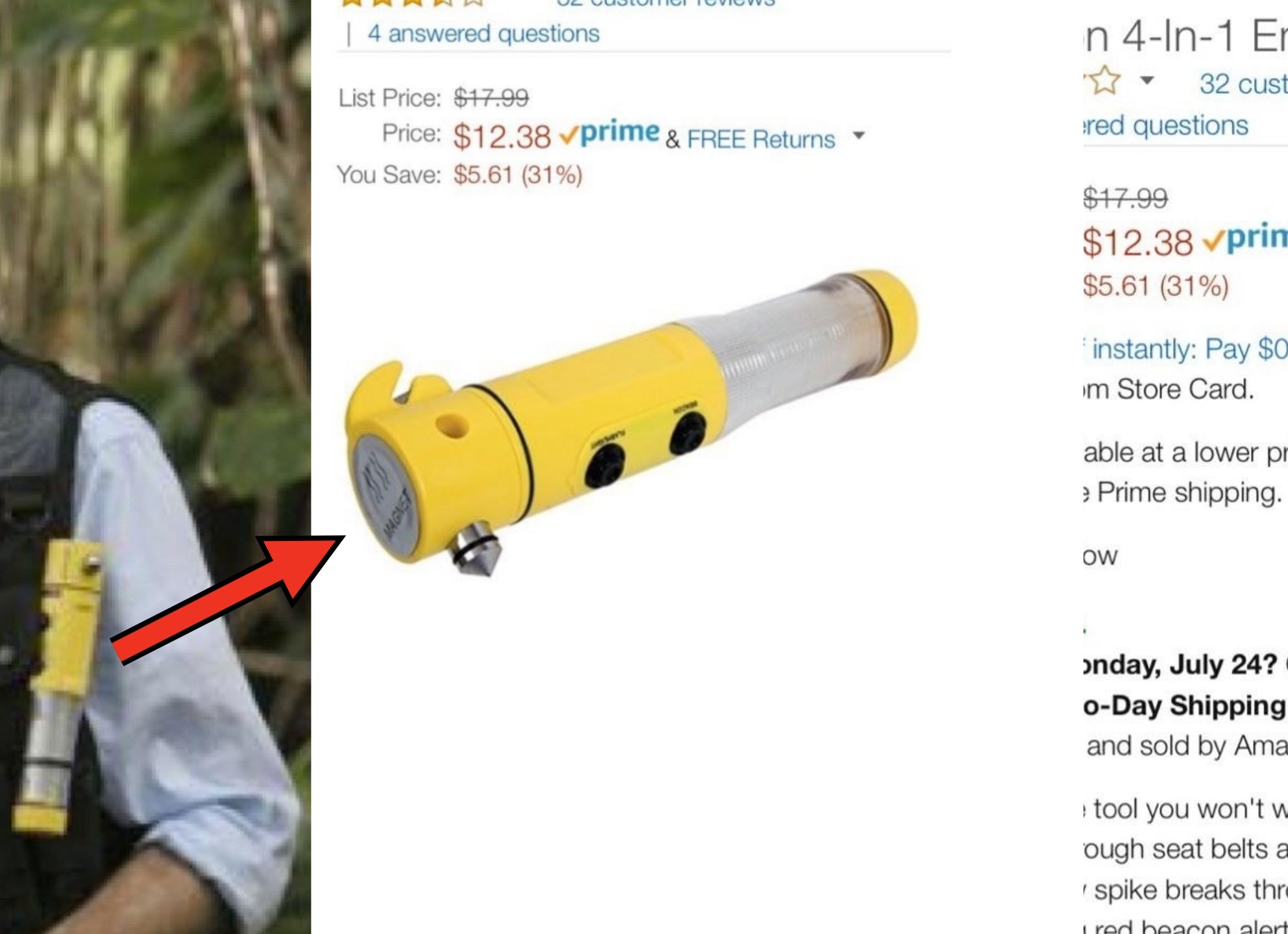 Person wearing a vest looking at a Travelon 4-in-1 Emergency Car Tool online listing, showing features and price