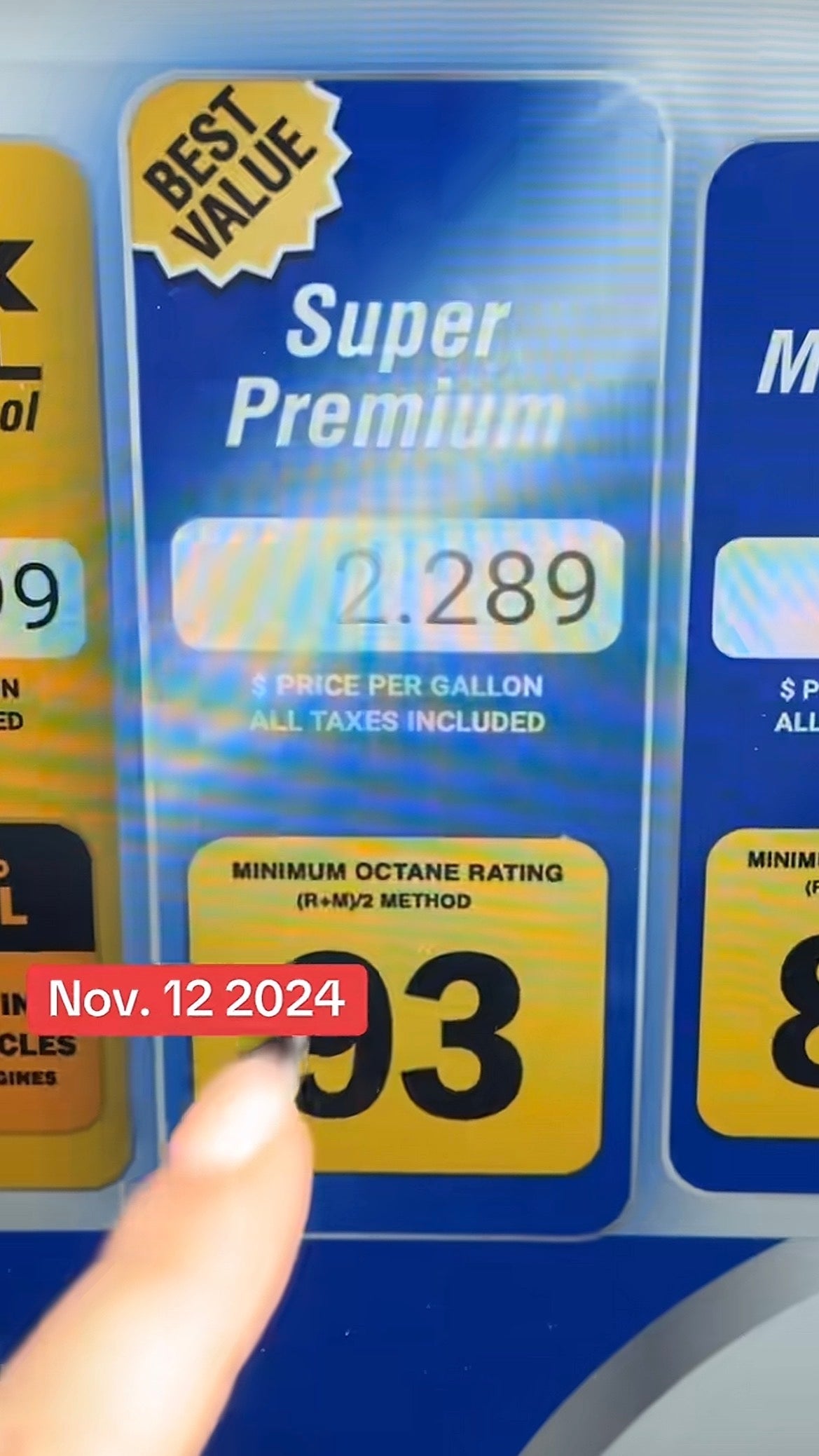 Gas pump panel displaying the price of super premium gasoline at $2.289 per gallon, with a 93 octane rating. Date: Nov. 12, 2024
