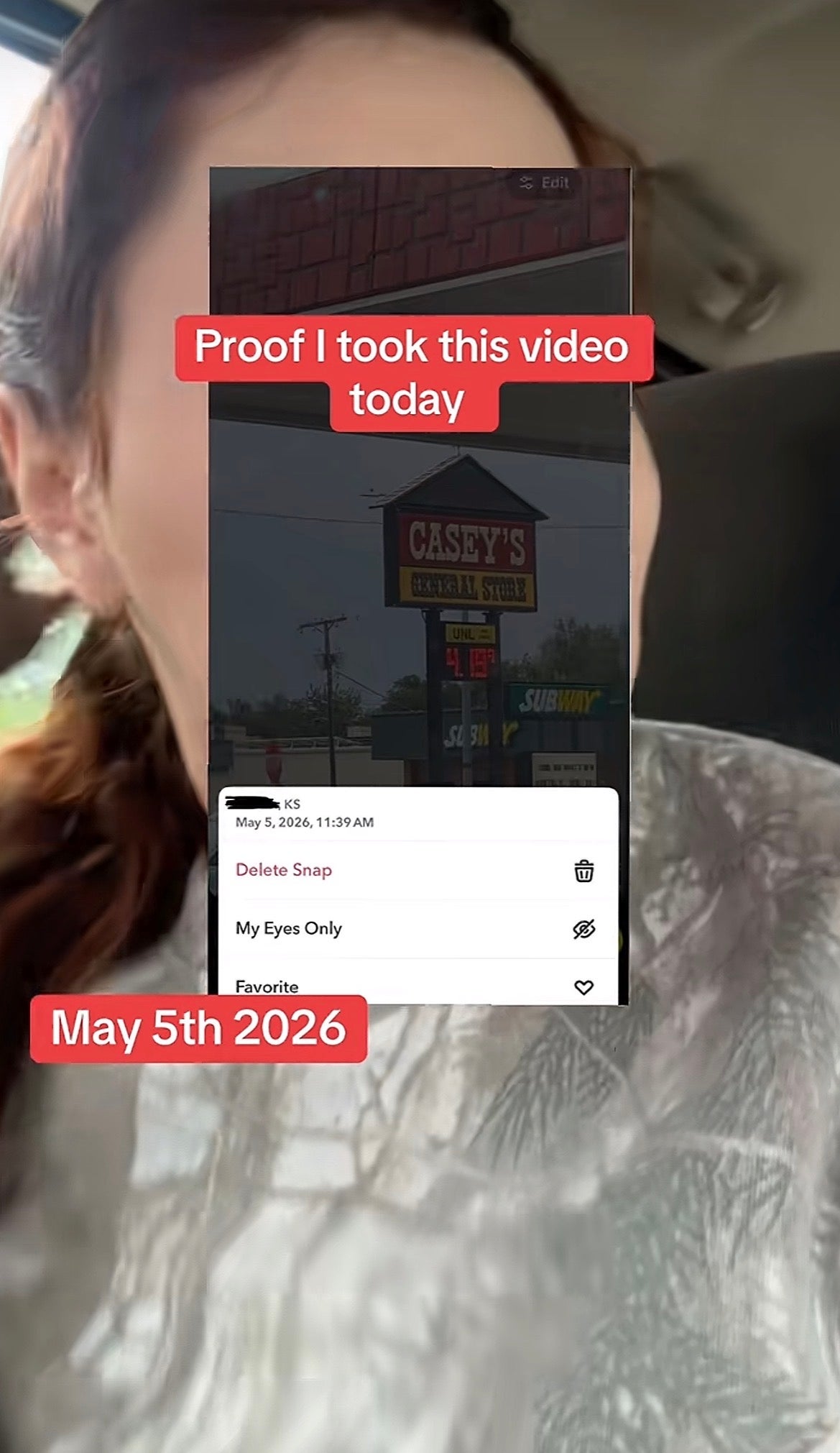 Close-up of a phone showing "Proof I took this video today" with a date stamp of May 5th, 2026