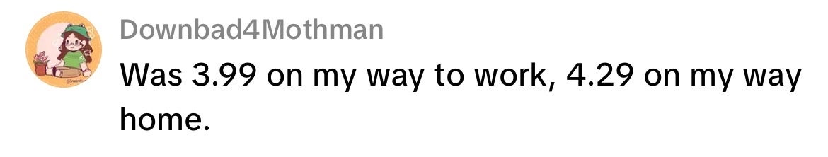 Username Downbad4Mothman comments on gas prices changing from 3.99 on their way to work to 4.29 on their way home