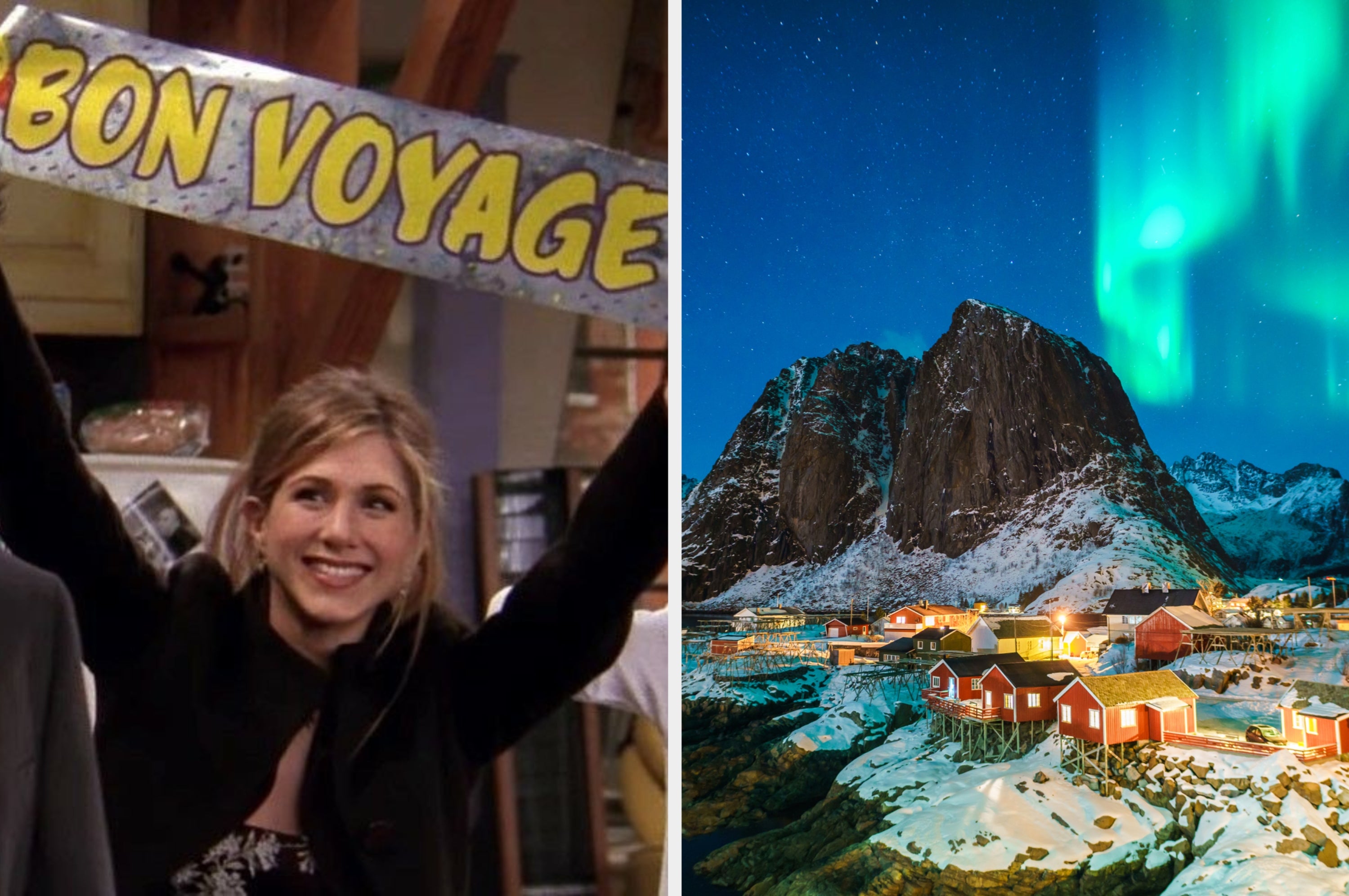 Person holding a "Bon Voyage" banner on left; Eiffel Tower in Paris on right