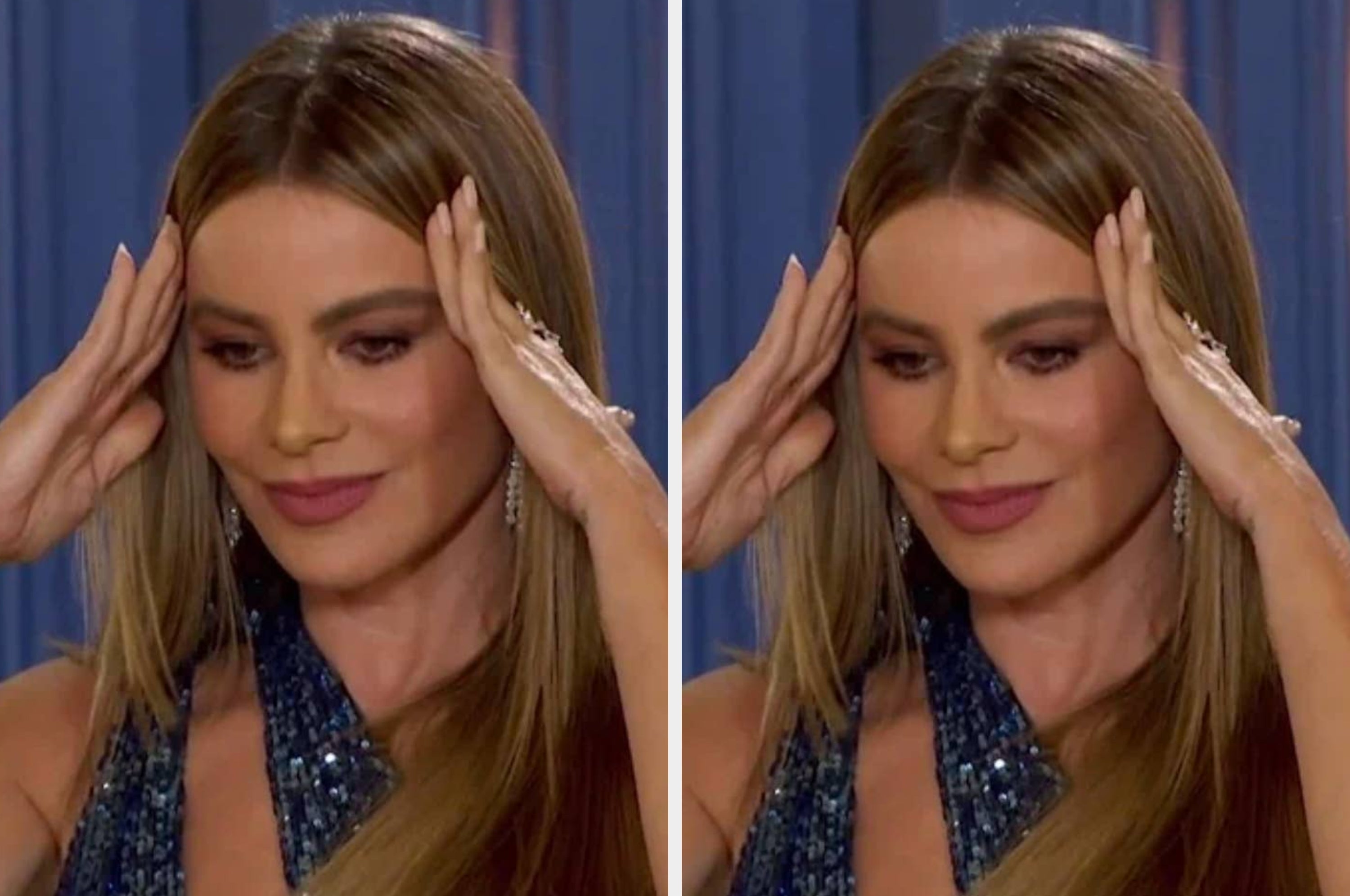 Split image of Sofía Vergara with her hands on her temples