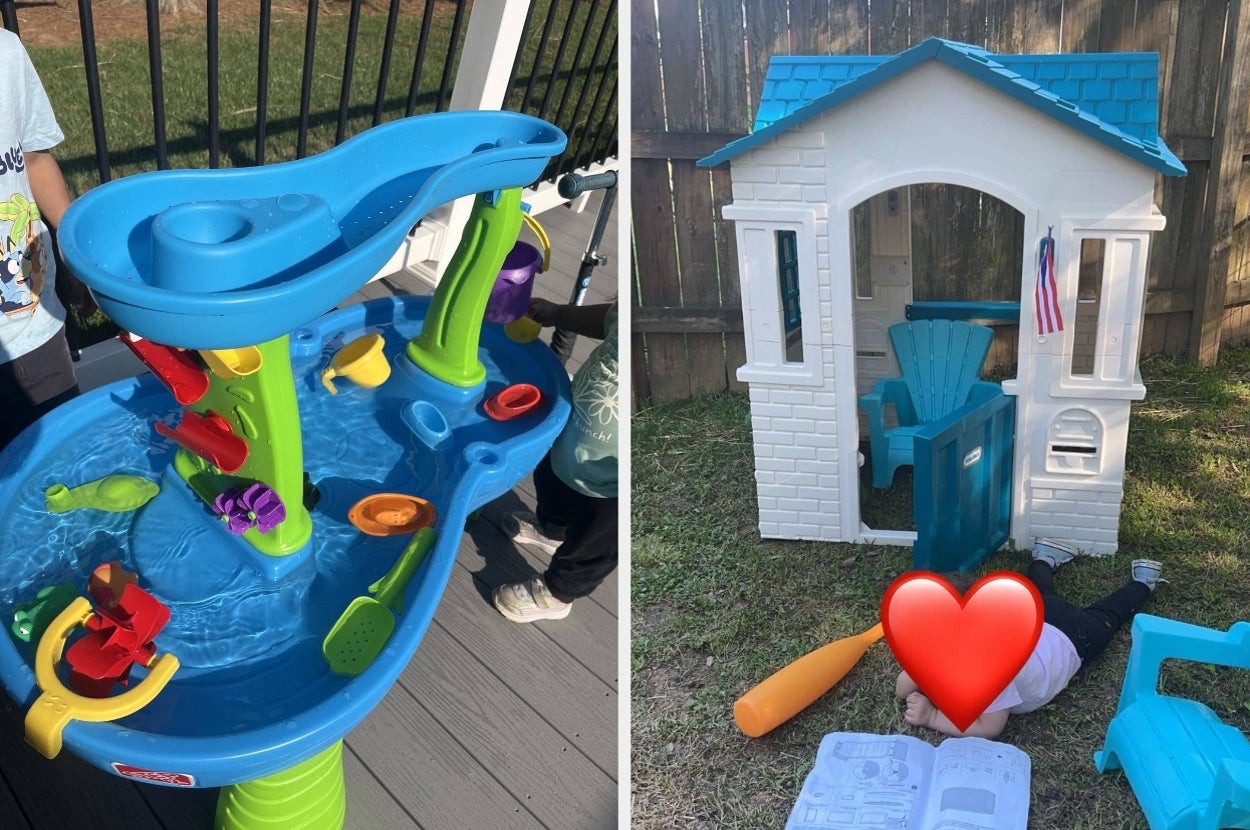 Kids playing with a water play table and a playhouse in a backyard, featuring a slide, spinners, and a blue chair