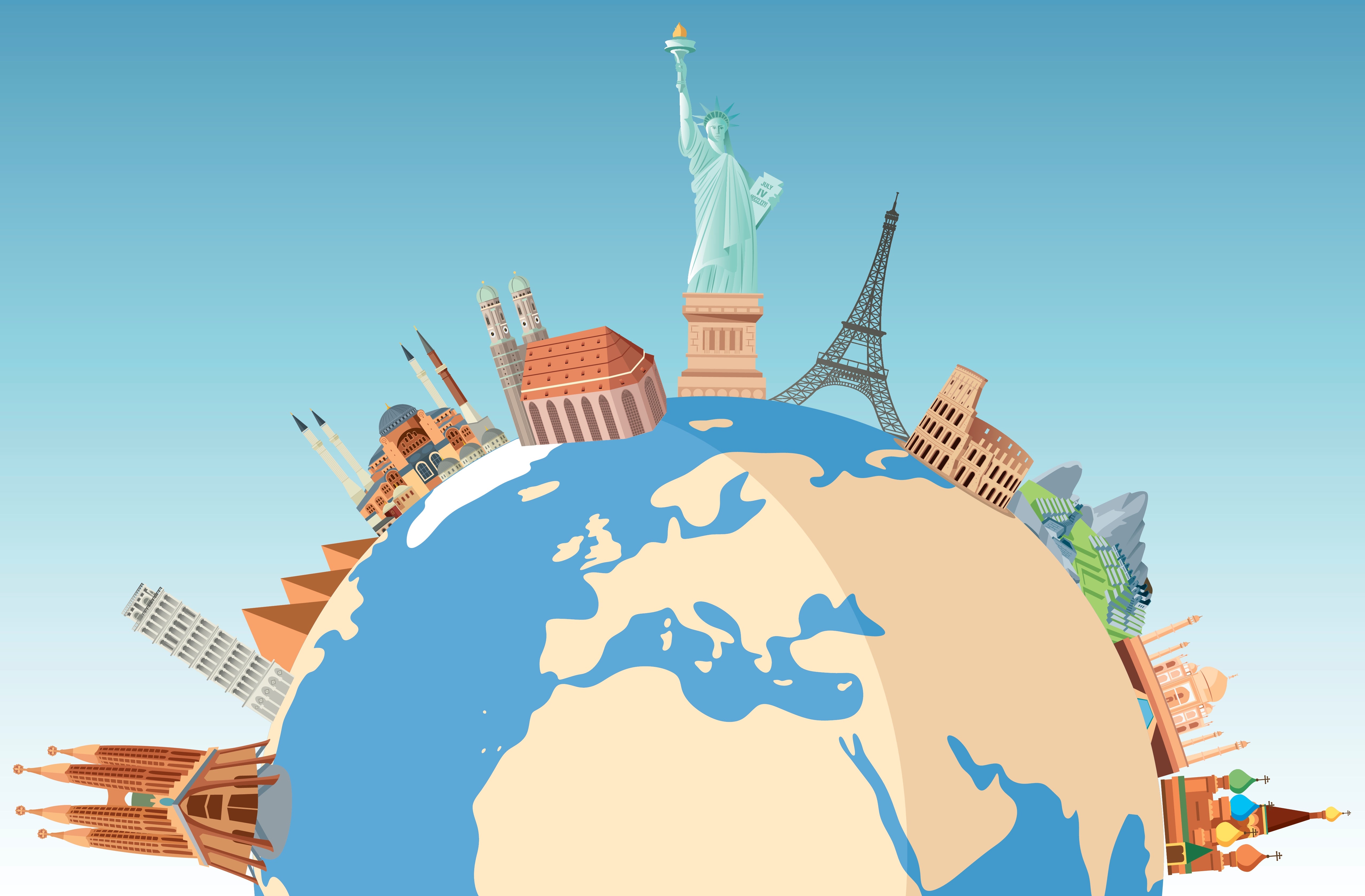 Illustration of famous global landmarks emerging from a globe, symbolizing worldwide culture and travel in a gaming context