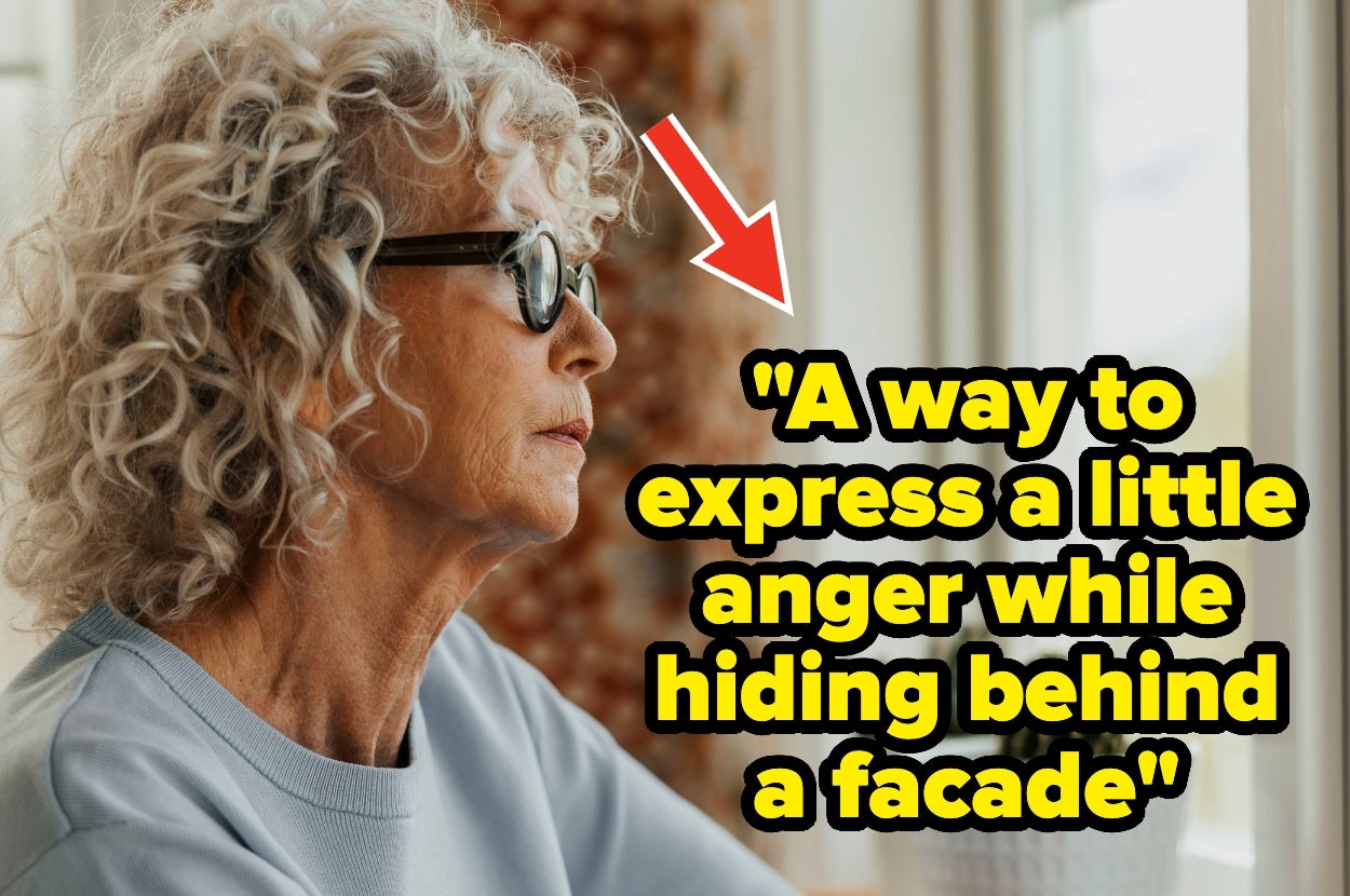 Woman with glasses looking out a window, expression contemplative. Text suggests a hidden expression of anger