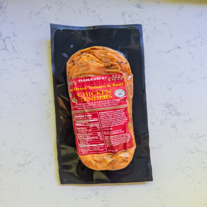 Package of Trader Joe's sun-dried tomato and basil chicken tenders on a counter