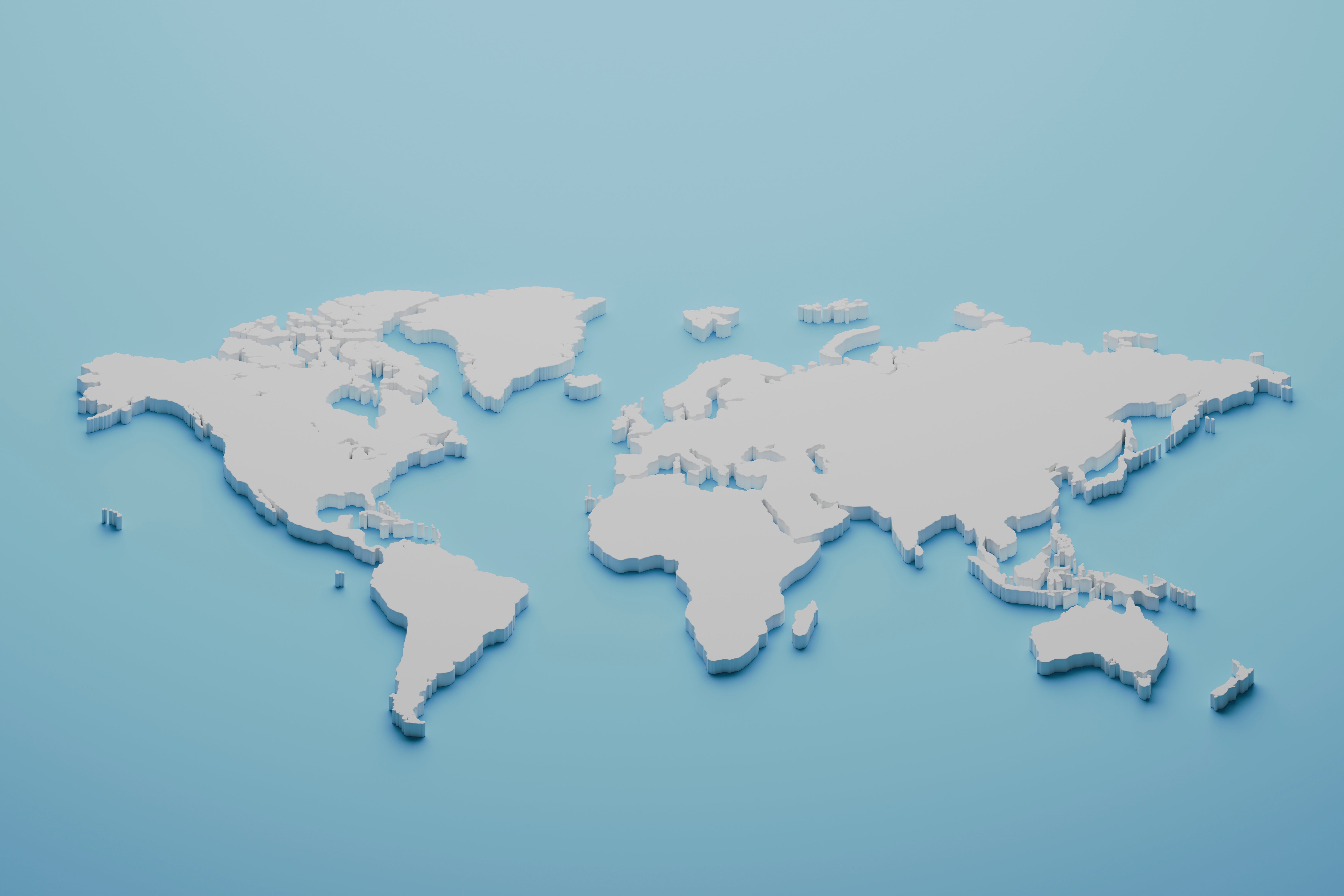 3D world map on a blue background, showing continents in a raised, sculpted style