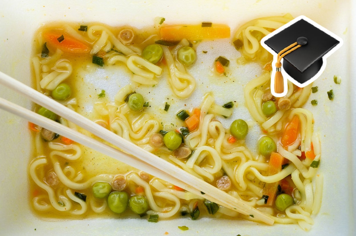 Noodles with peas and carrots in broth, chopsticks resting on the side; symbol of a graduation cap at the top right corner