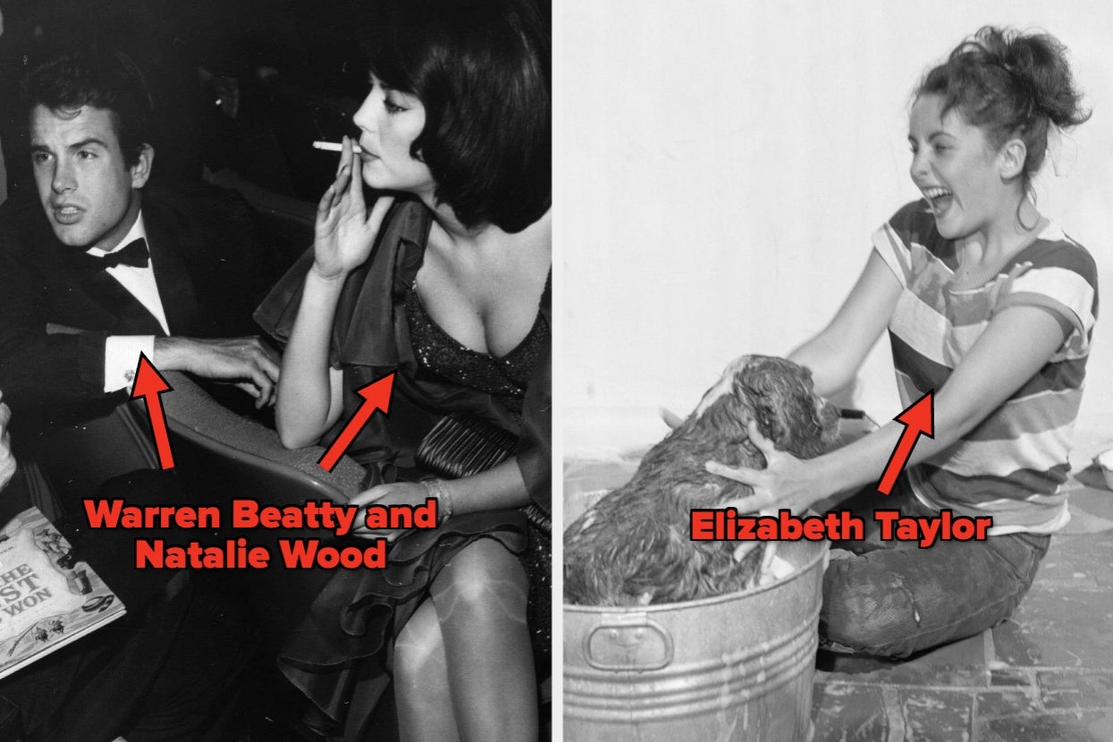 Two black-and-white photos: left, a formal event with two people; right, a woman washing a dog in a casual setting