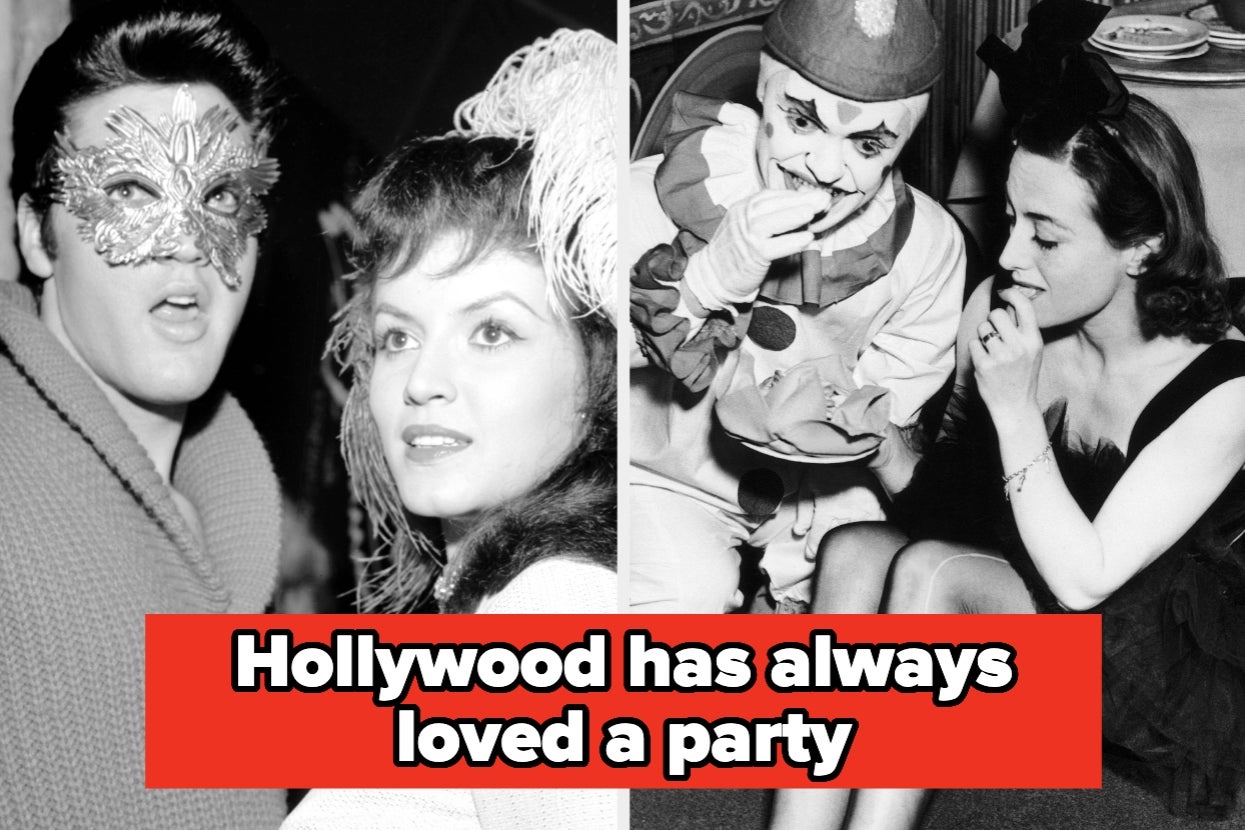 Two vintage photos of celebrities at parties. Left: Male with mask, female with hat. Right: Woman with clown applying makeup. Text: "Hollywood has always loved a party."