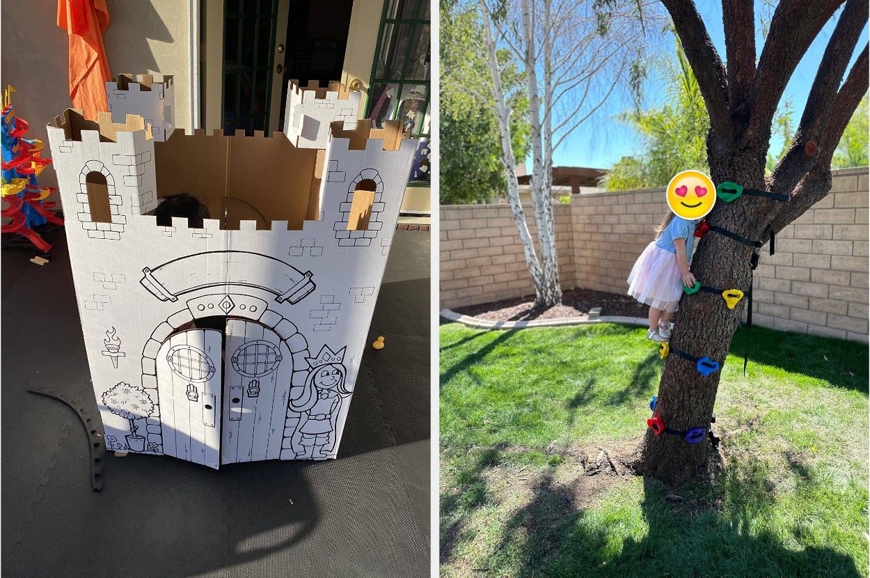 Left image: Cardboard castle playhouse with illustrations. Right image: Child in a dress climbing a tree with plastic rock holds