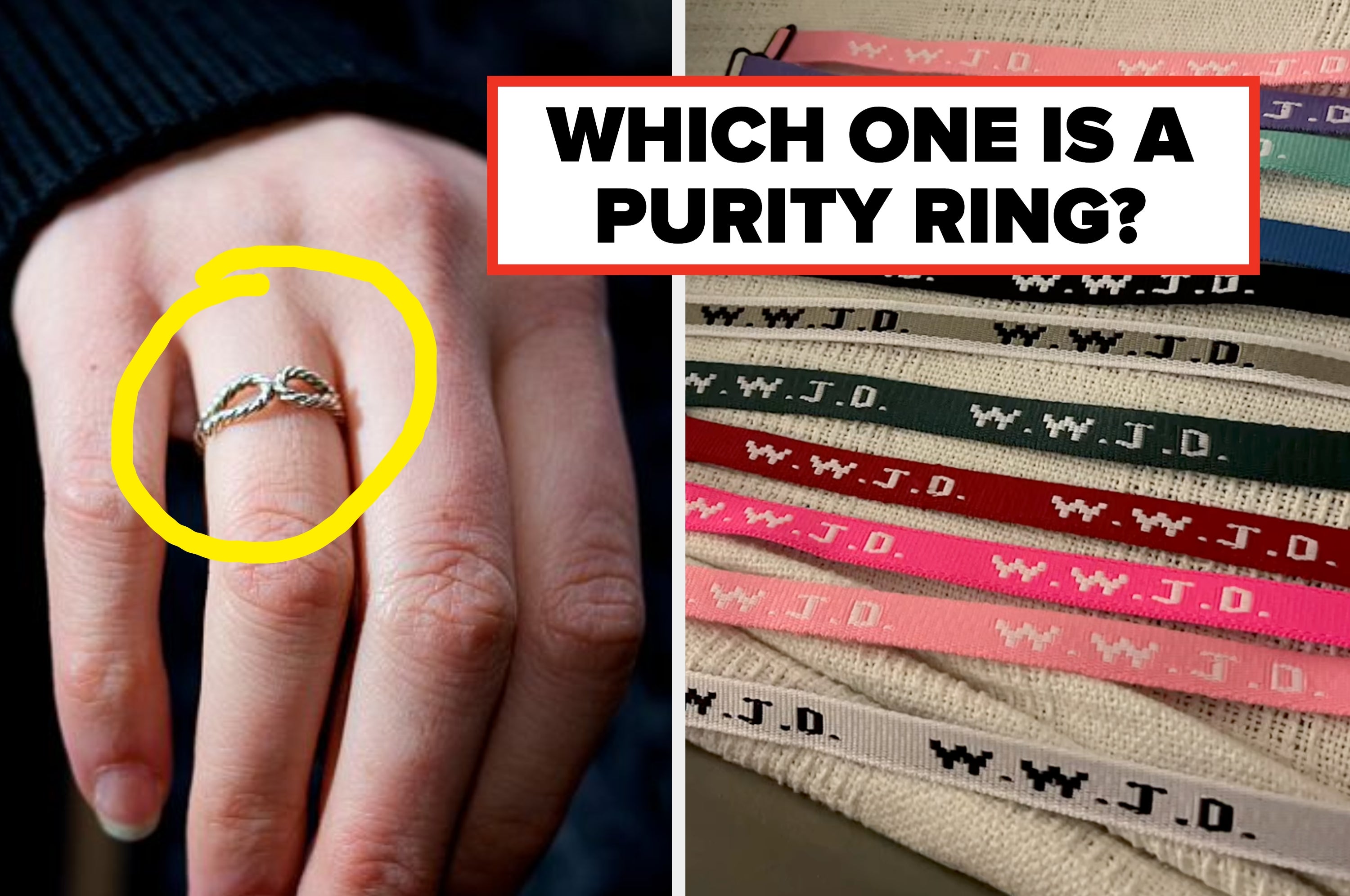 Close-up of a hand wearing a ring with a twisted design. Text reads: "Which one is a purity ring?" with various W.W.J.D. bracelets shown