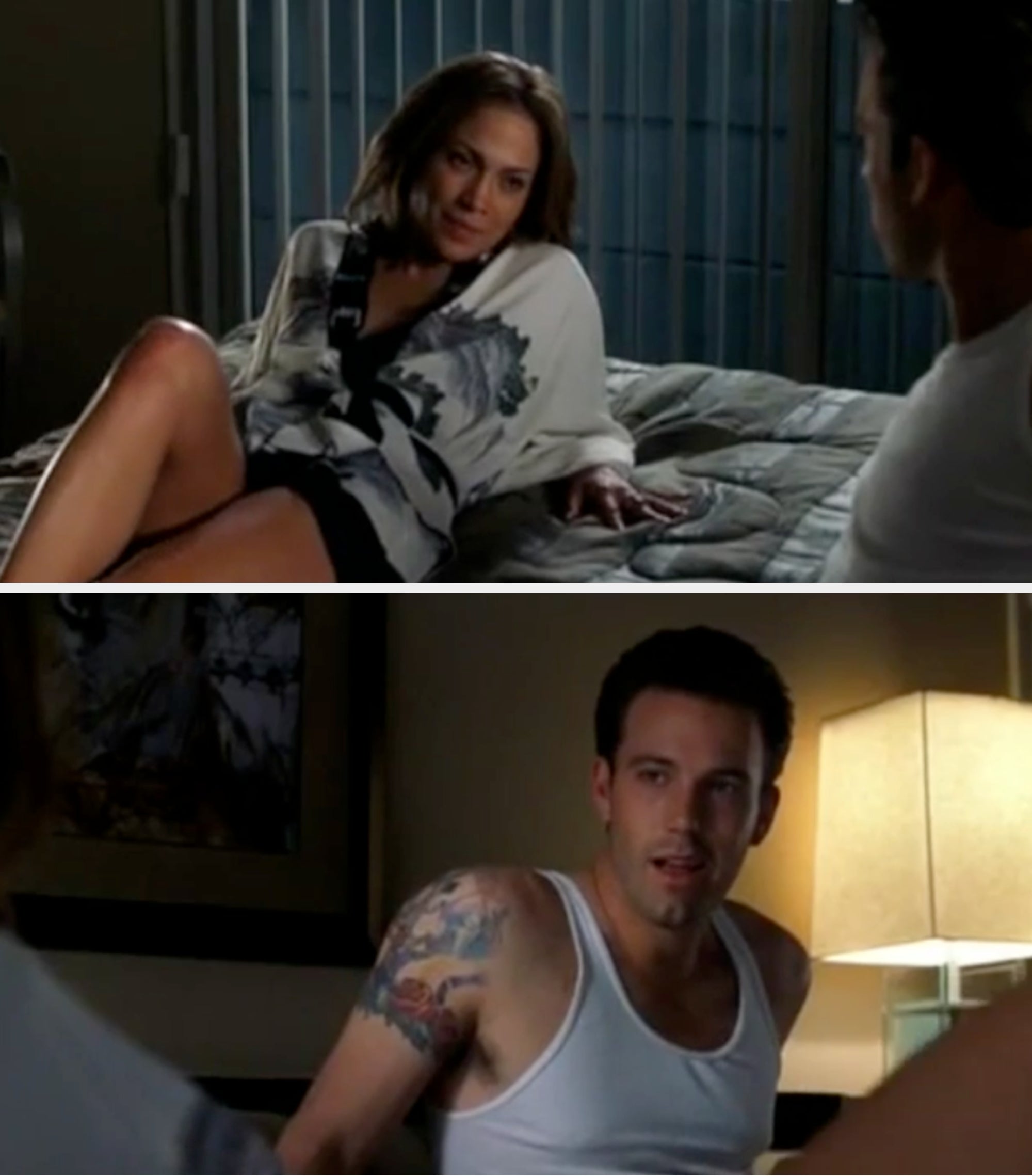 Scene from Gigli with 2  characters connected  a furniture  successful  sleepwear