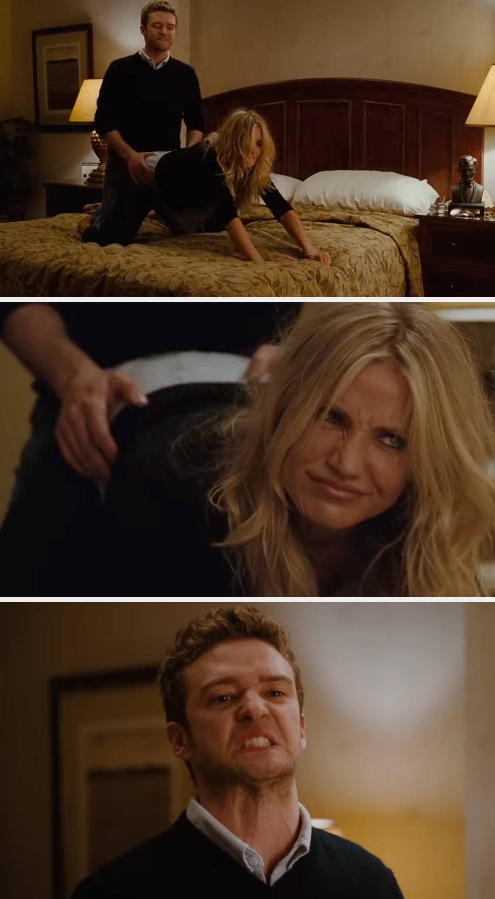 Scene from Bad Teacher with the characters embracing connected  a furniture  afloat   clothed, displaying exaggerated facial expressions