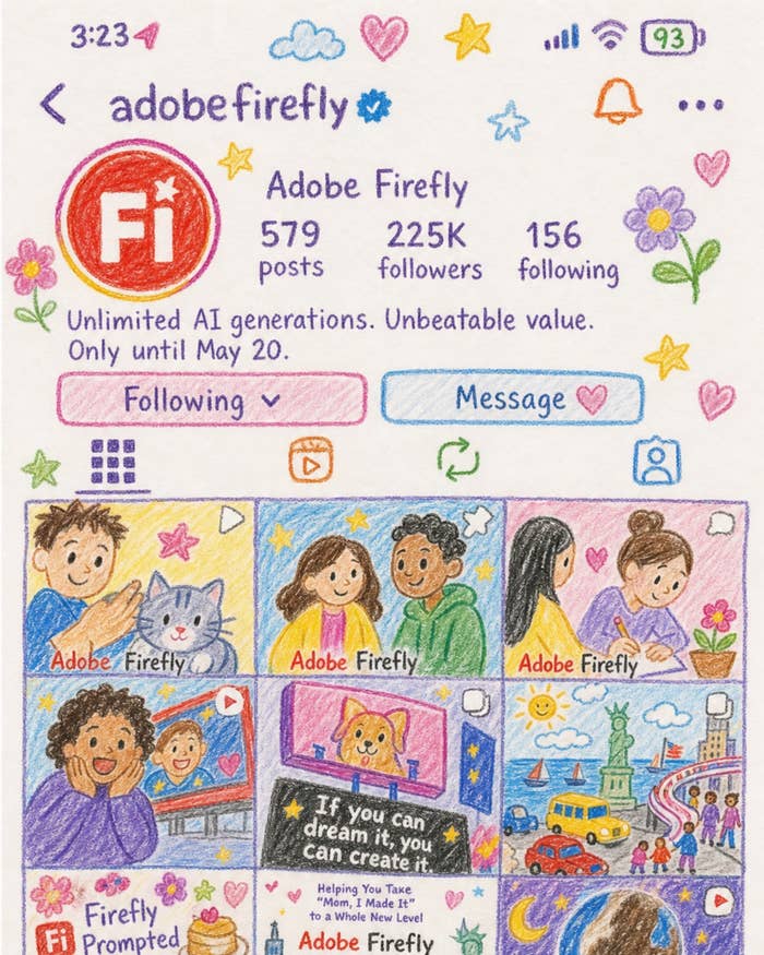 Illustration of a playful social media page promoting Adobe Firefly, featuring colorful, hand-drawn icons and diverse characters