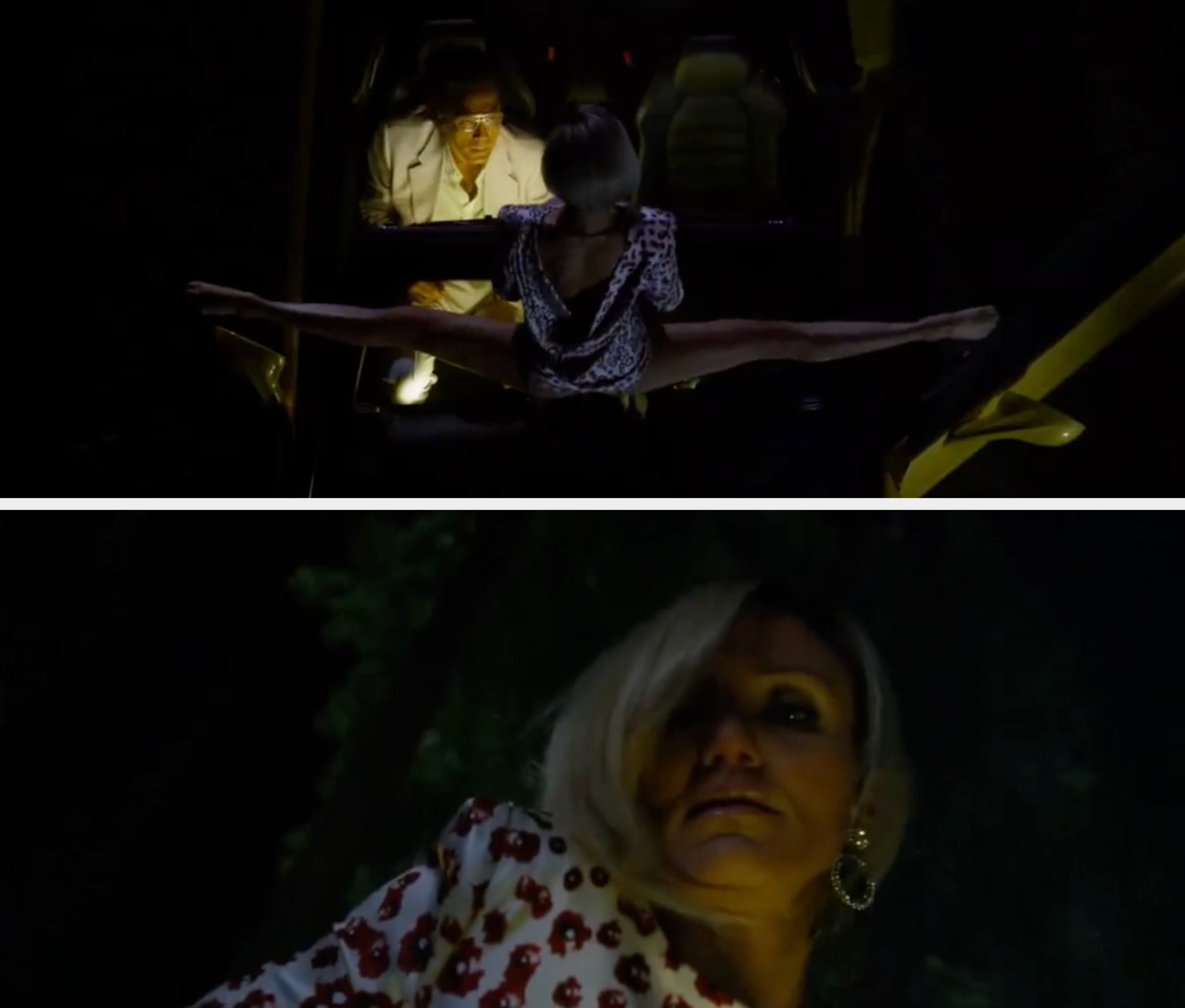 Scene from The Counselor with 1  quality  doing the splits connected  apical  of a car   portion    different  quality  watches from inside