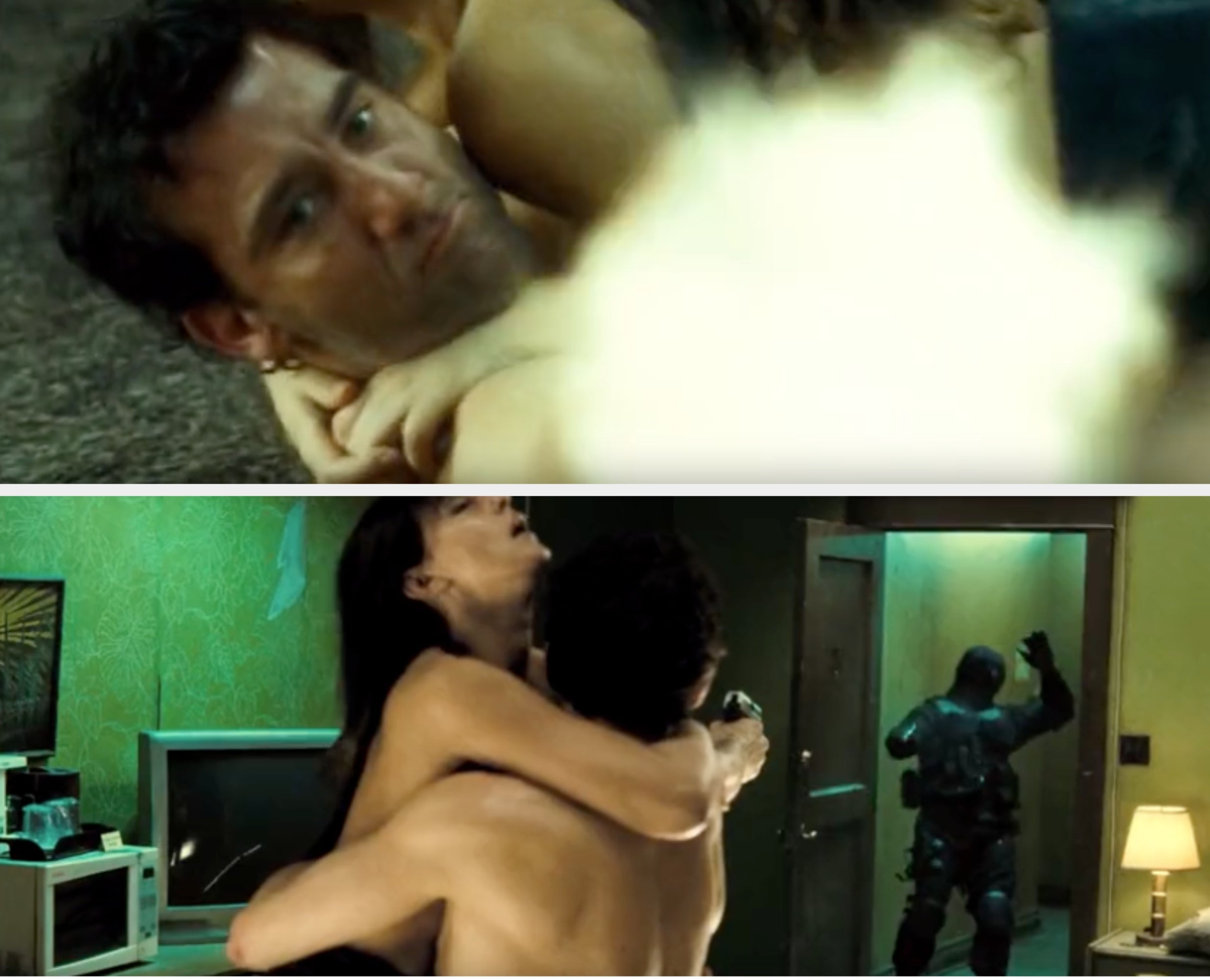Scenes from Shoot Em Up involving 2  characters being intimate portion    1  of them shoots a weapon  astatine  an intruder