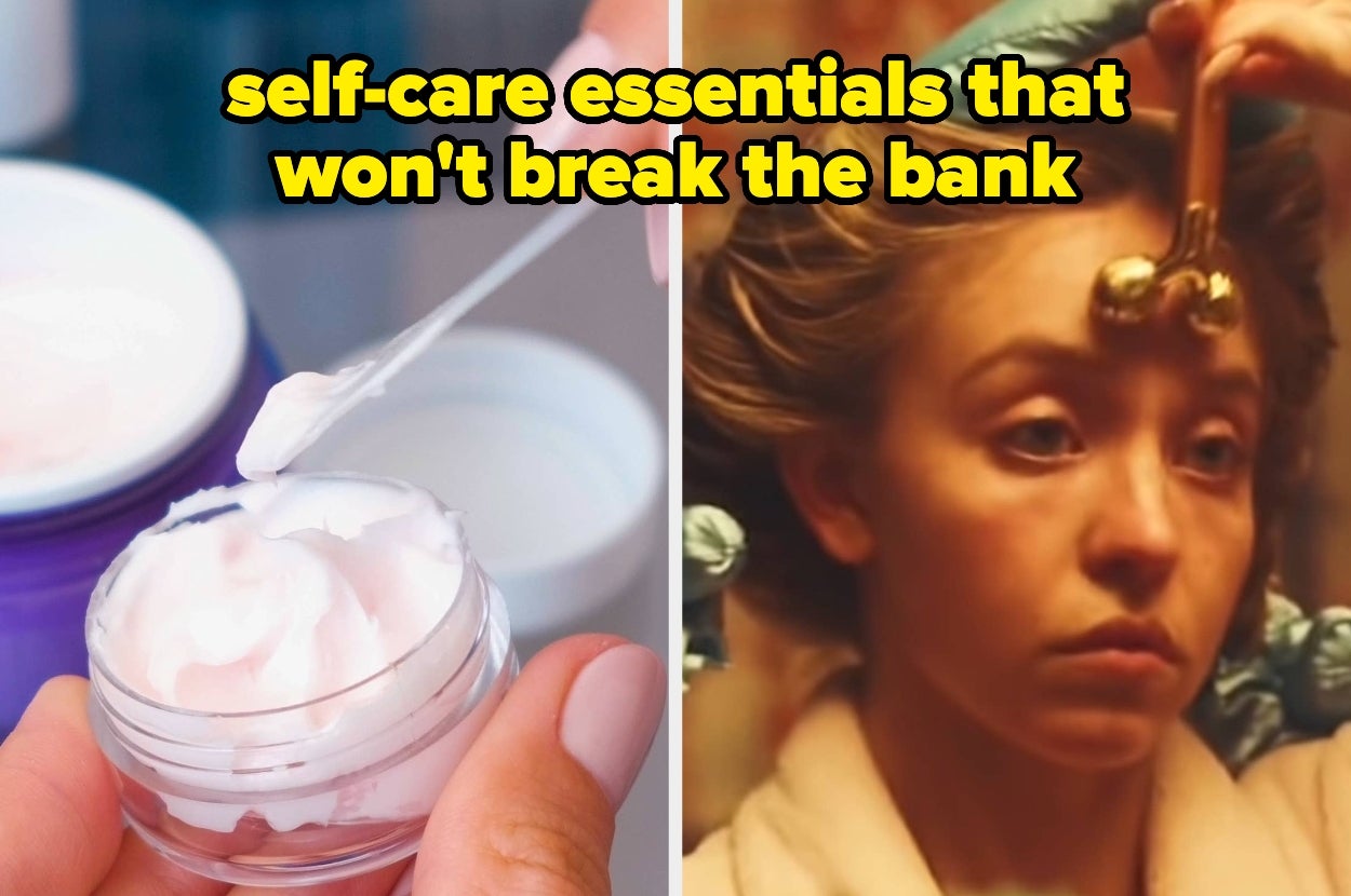 Split image of a tiny spatula scooping out cream product and Sydney Sweeney getting ready for the day, text overlay: self-care essentials that won't break the bank
