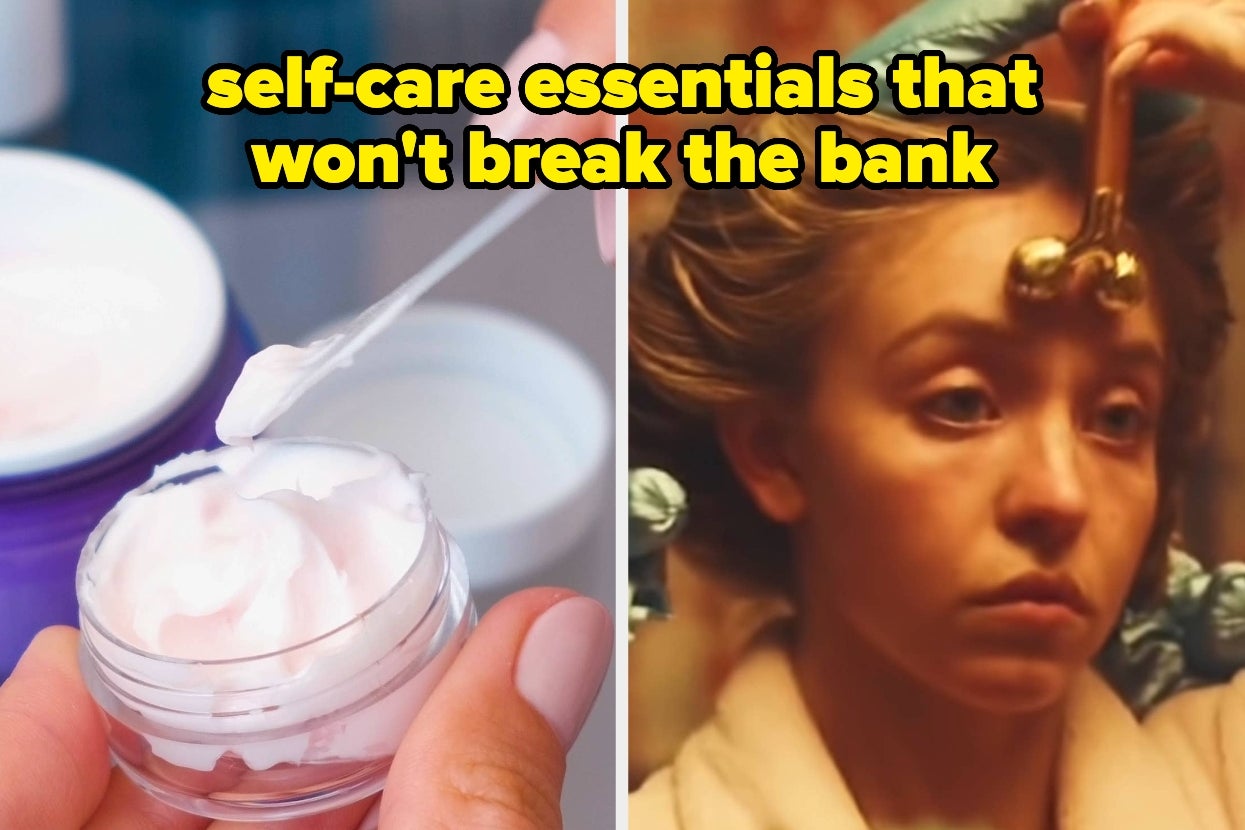 Split image of a tiny spatula scooping out cream product and Sydney Sweeney getting ready for the day, text overlay: self-care essentials that won't break the bank