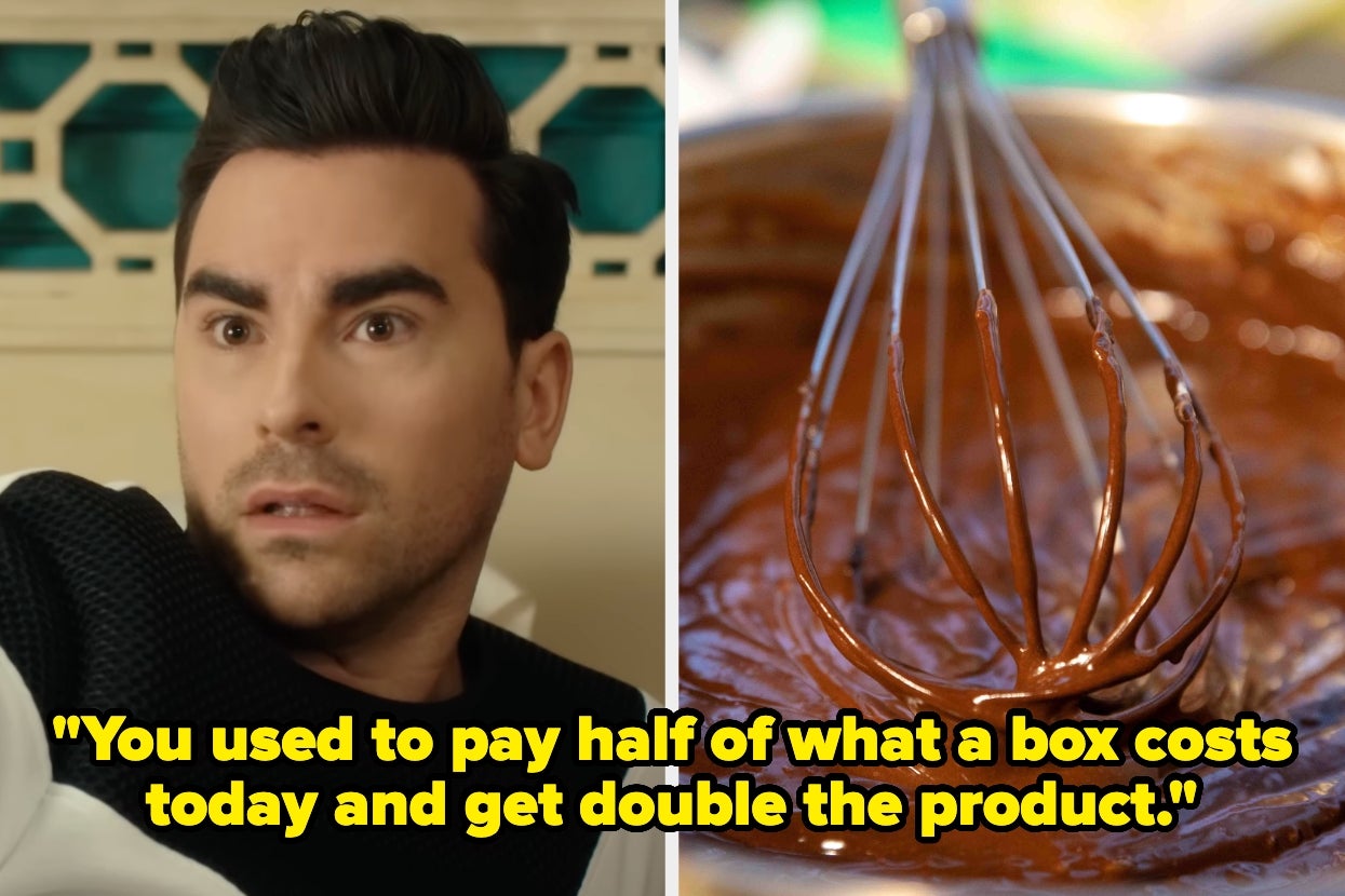 Person looking surprised next to chocolate batter with whisks. Caption: "You used to pay half of what a box costs today and get double the product."