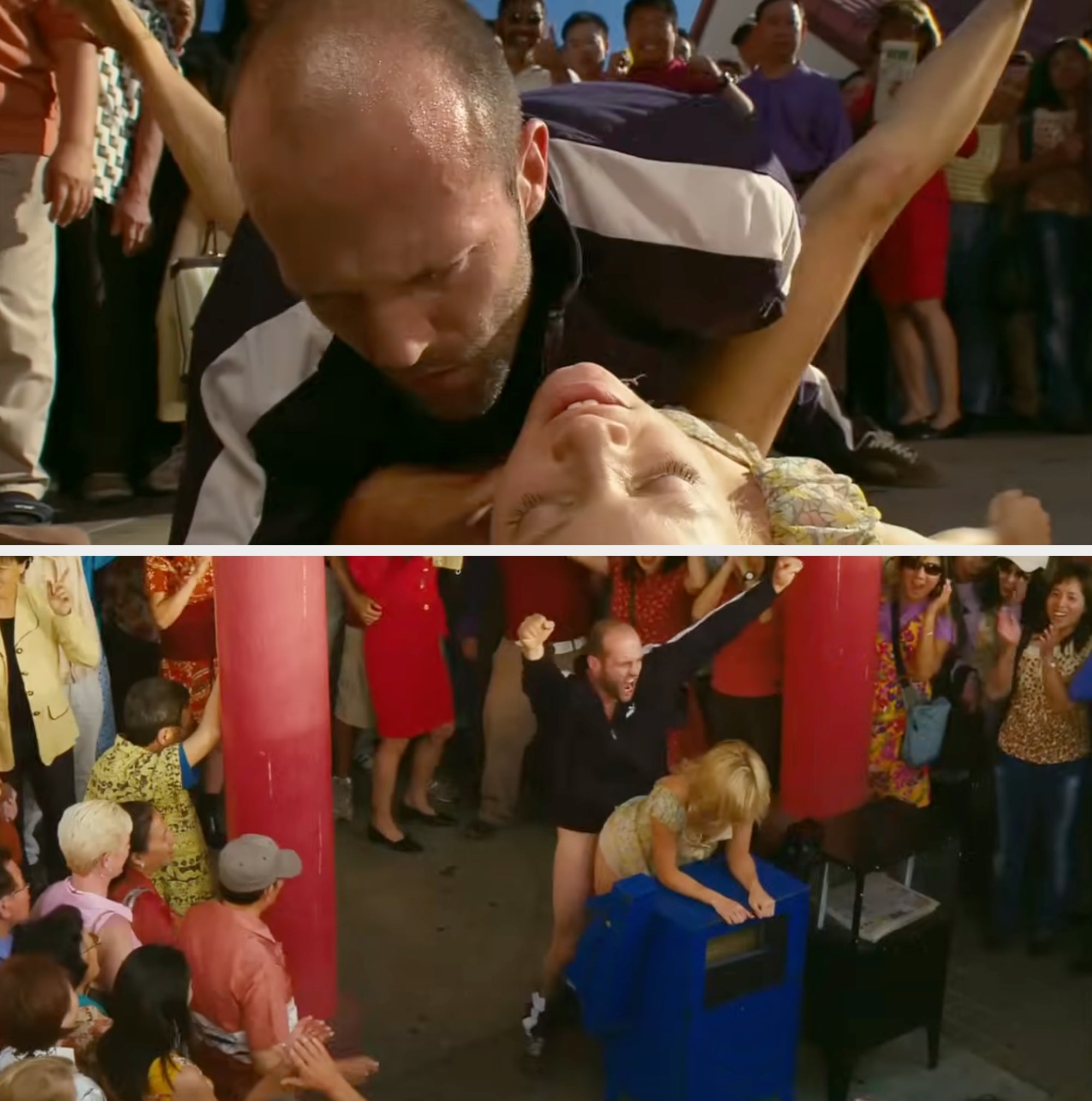 Two characters successful  Crank having enactment    successful  a crowd