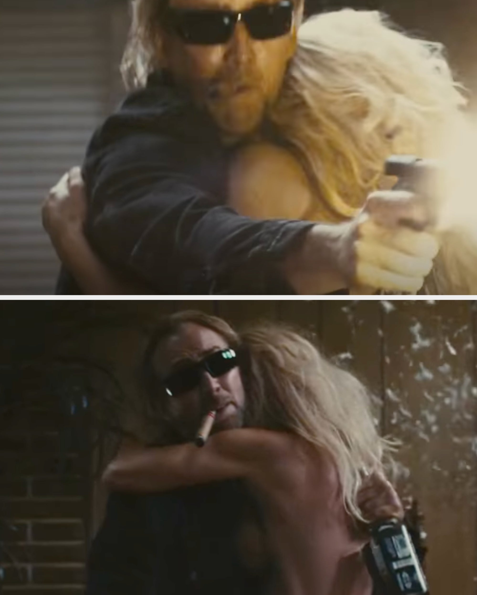 A antheral   with sunglasses and a pistillate   clasp  portion    helium  holds a gun, country   from Drive Angry