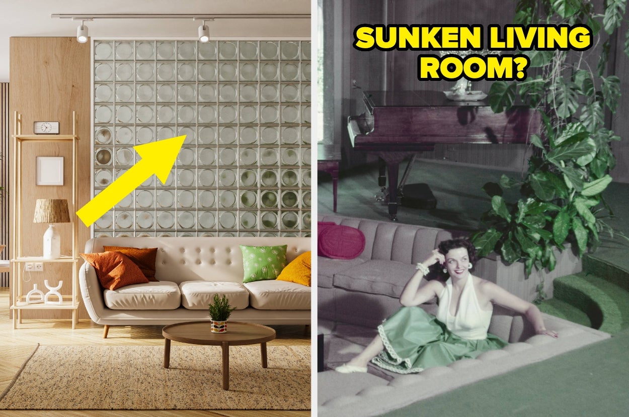 Split image of a modern living room with glass block wall and a vintage photo of a sunken living room featuring a woman in elegant attire