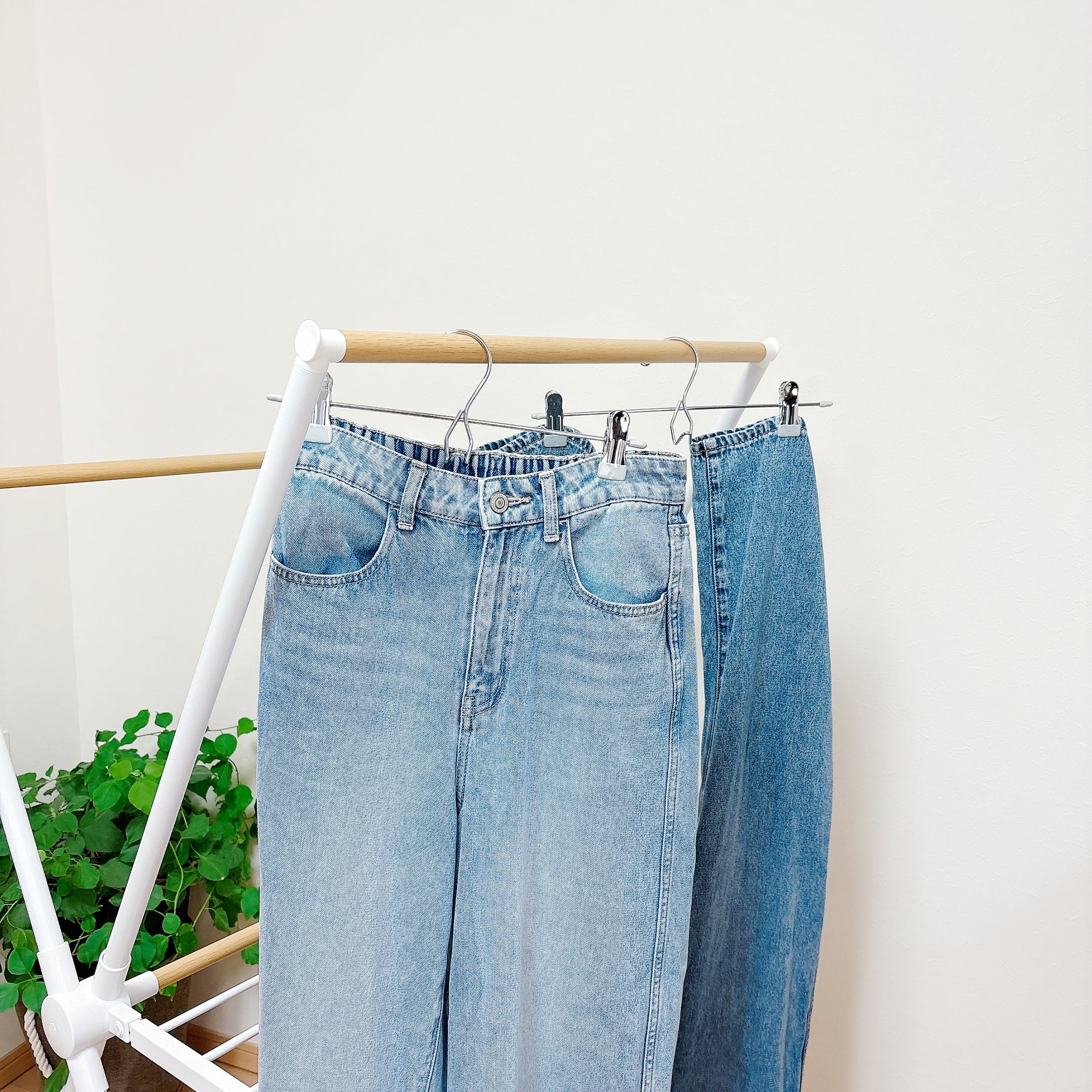 2本のジーンズがハンガーにかけられて室内で展示されている。背景に観葉植物が見える。
