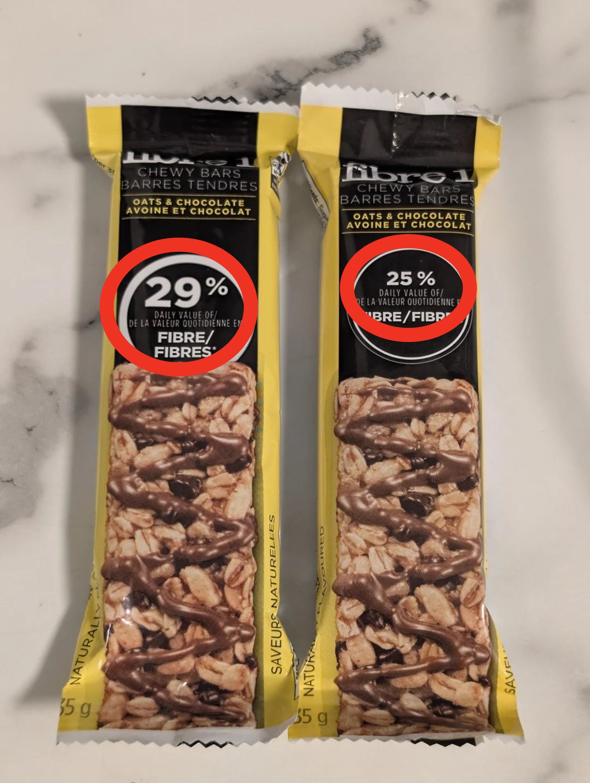 Two cocoa  oat fibre  bars successful  yellowish  wrappers, labeled with regular  fibre  worth  percentages