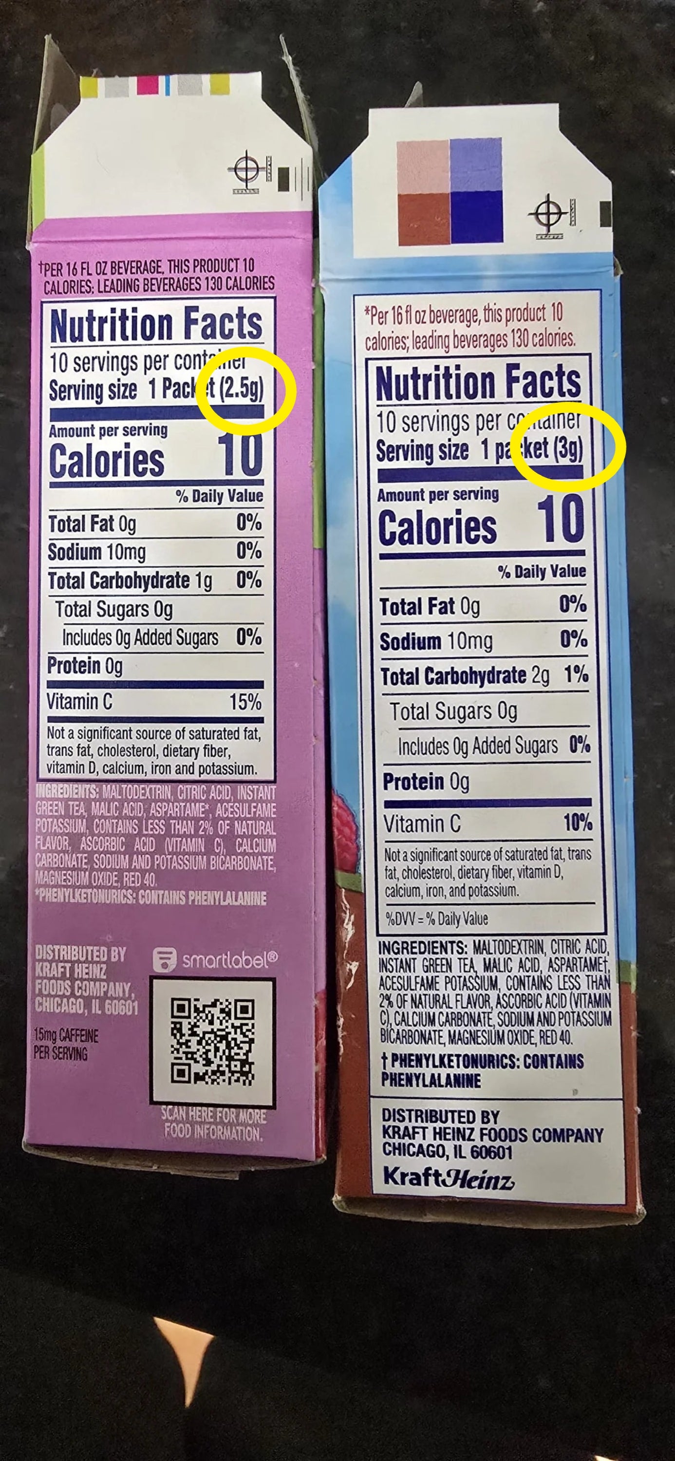 Nutrition labels for 2  beverage packets, some  showing 10 calories per serving, 0g full   fat, 10mg sodium, 1g carbs, 0g protein, includes 1g added sugars