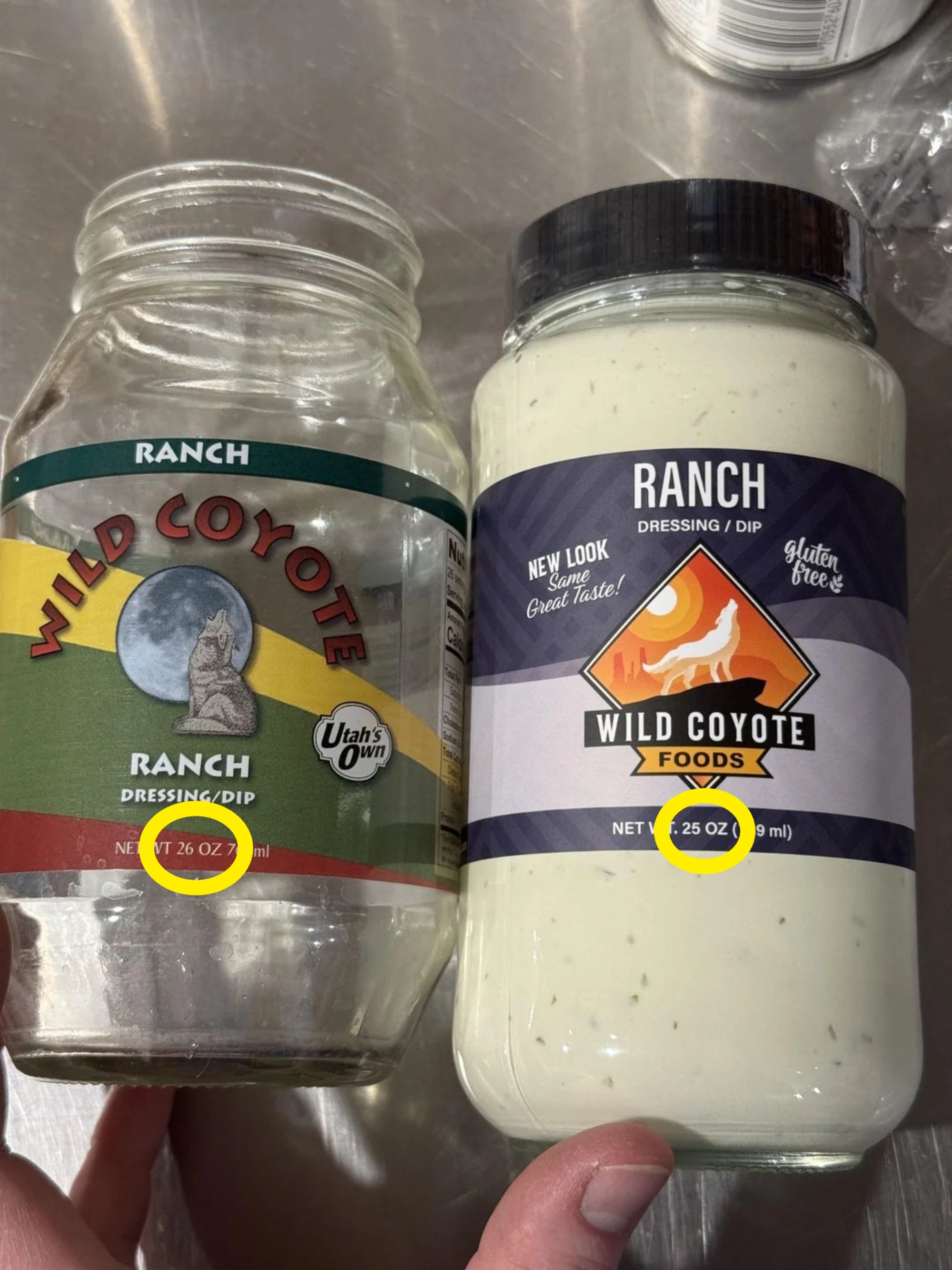 Two jars of Wild Coyote Ranch Dressing/Dip; 1  jar is bare  and 1  is afloat  with a caller   statement   design