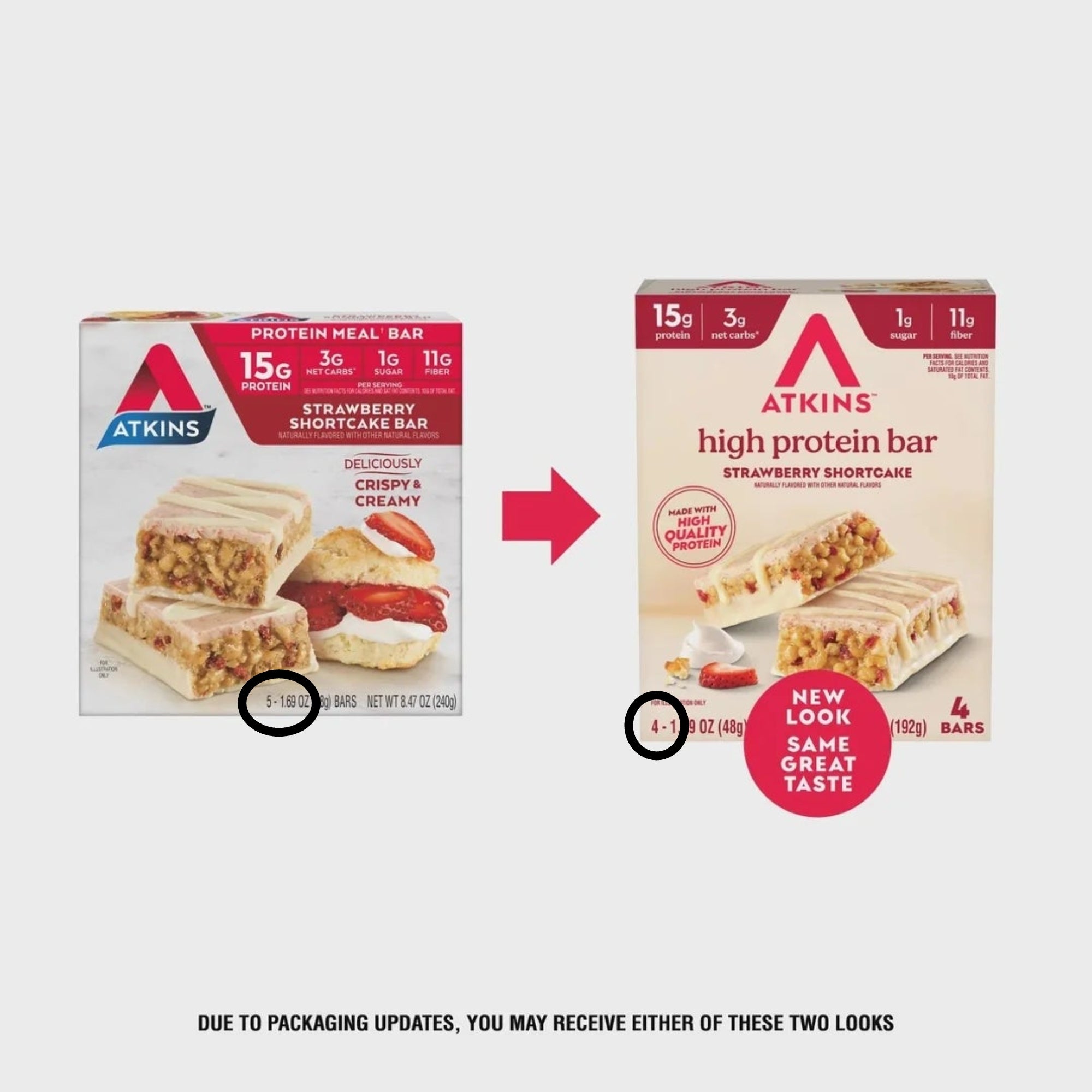  aged  and caller   packaging shown broadside  by side. Same product, updated packaging design
