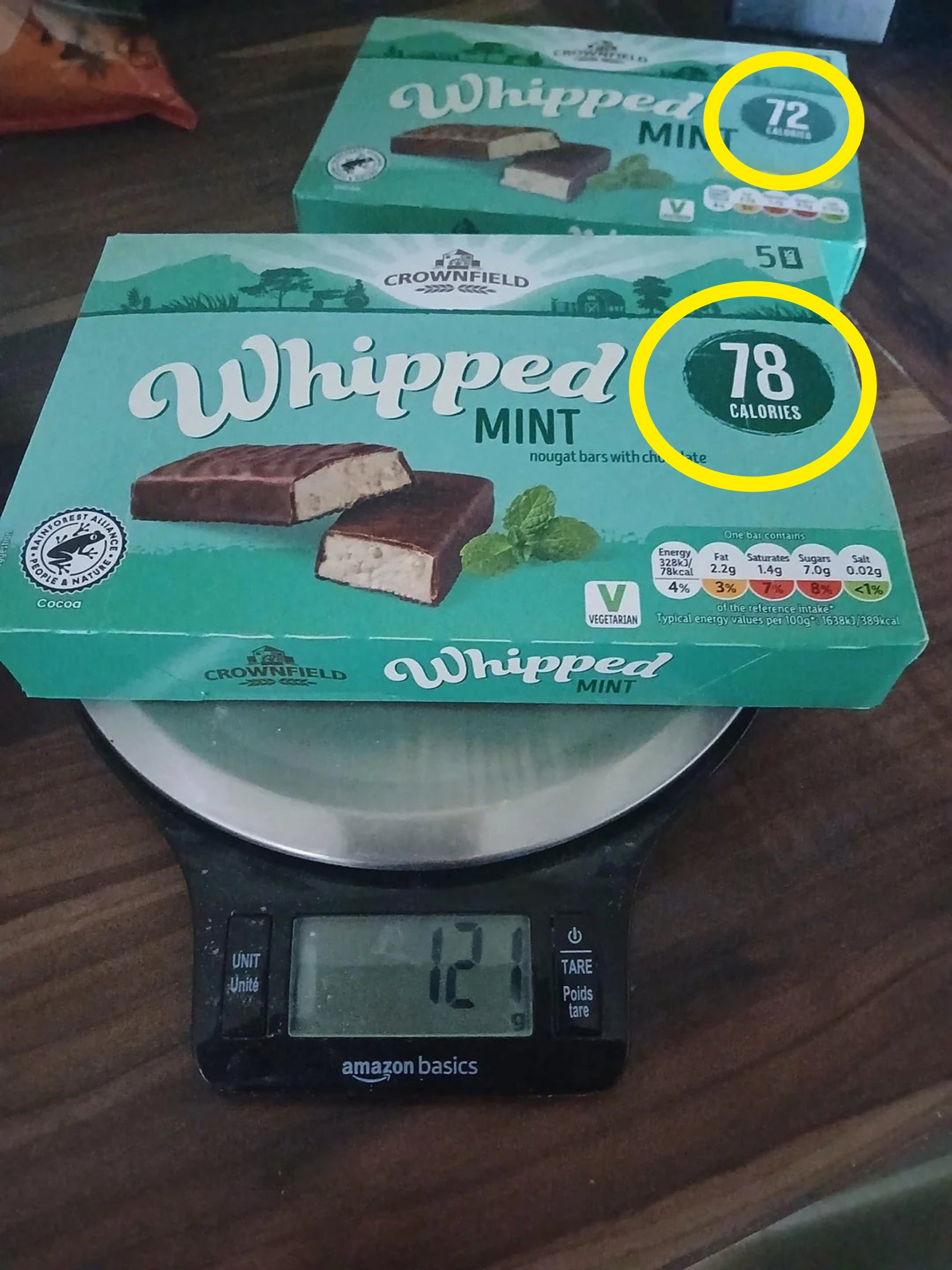 Box of Whipped Mint nougat bars placed connected  a integer  standard  showing 129 grams