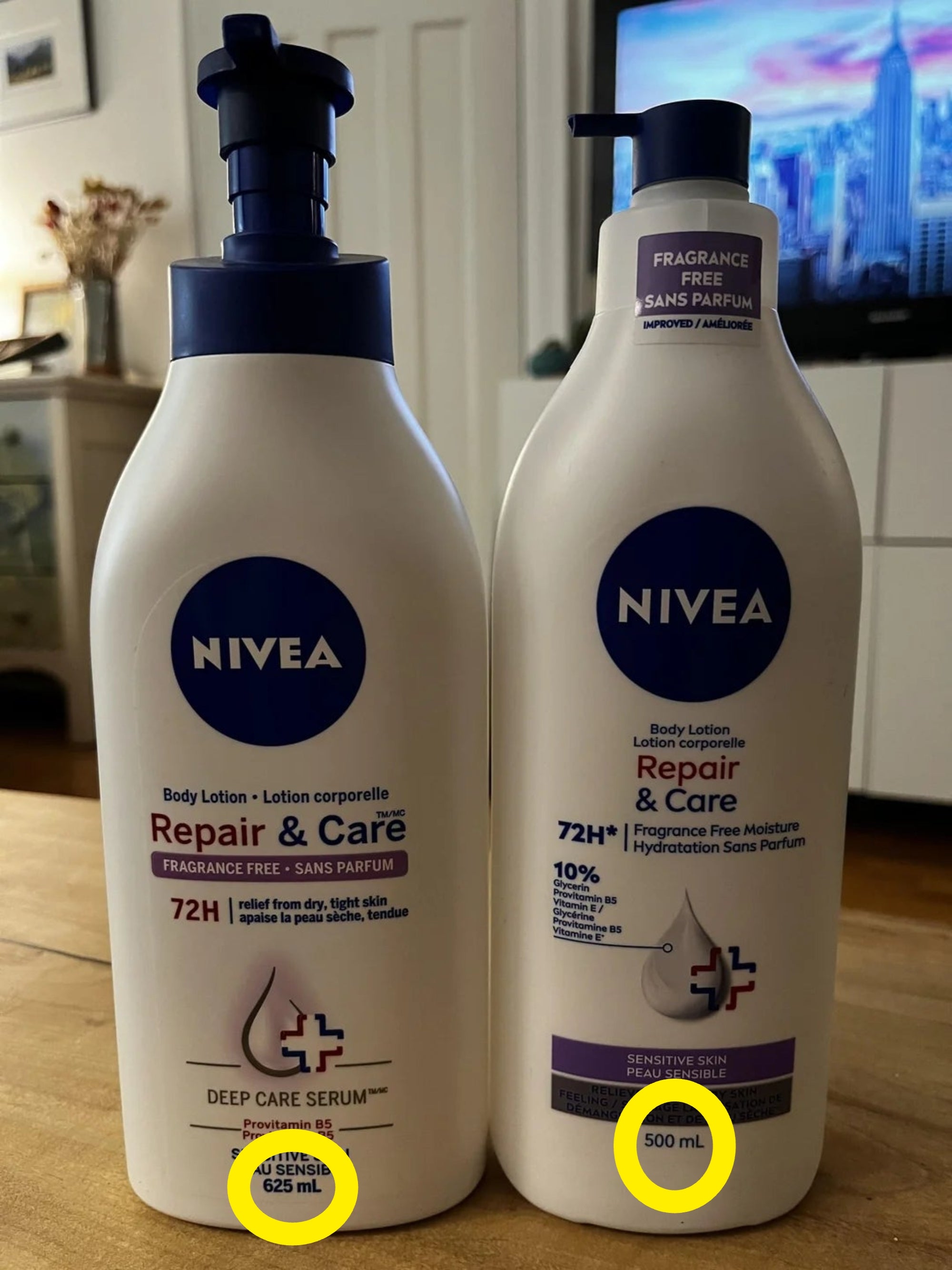 Two bottles of Nivea Repair &amp;amp; Care assemblage  lotion with 72-hour moisturizing claims connected  a woody  aboveground  indoors