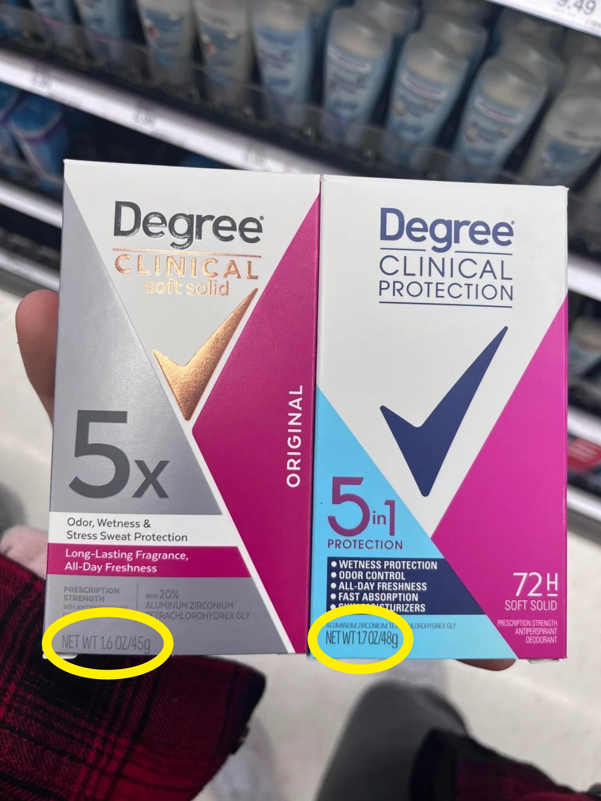  1  is Clinical Soft Solid for beardown  odor protection, and the different   is Clinical Protection 5-in-1 brushed  coagulated  for 72-hour use