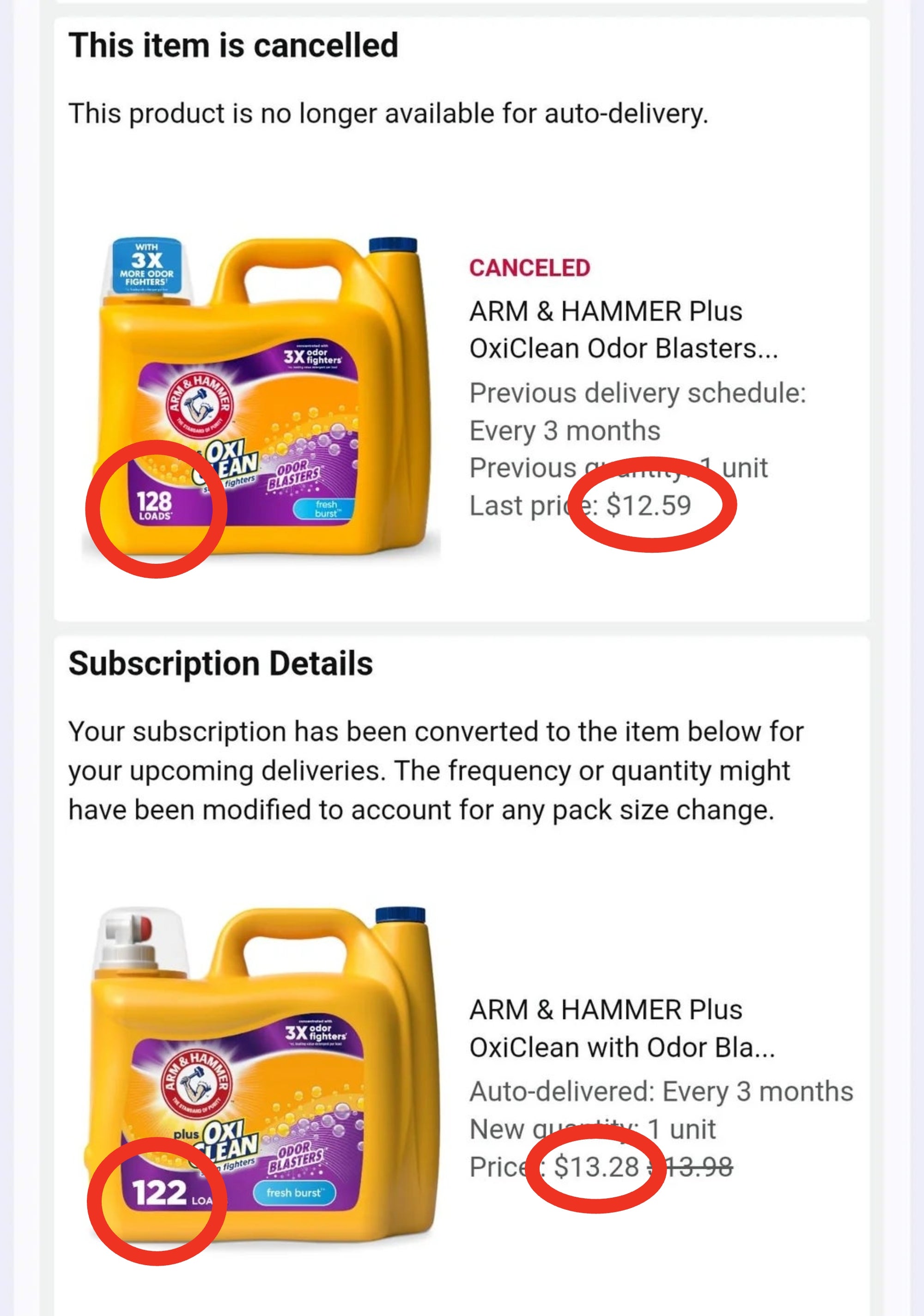 Order canceled for Arm &amp;amp; Hammer OxiClean detergent; caller   subscription details with terms  alteration  noted