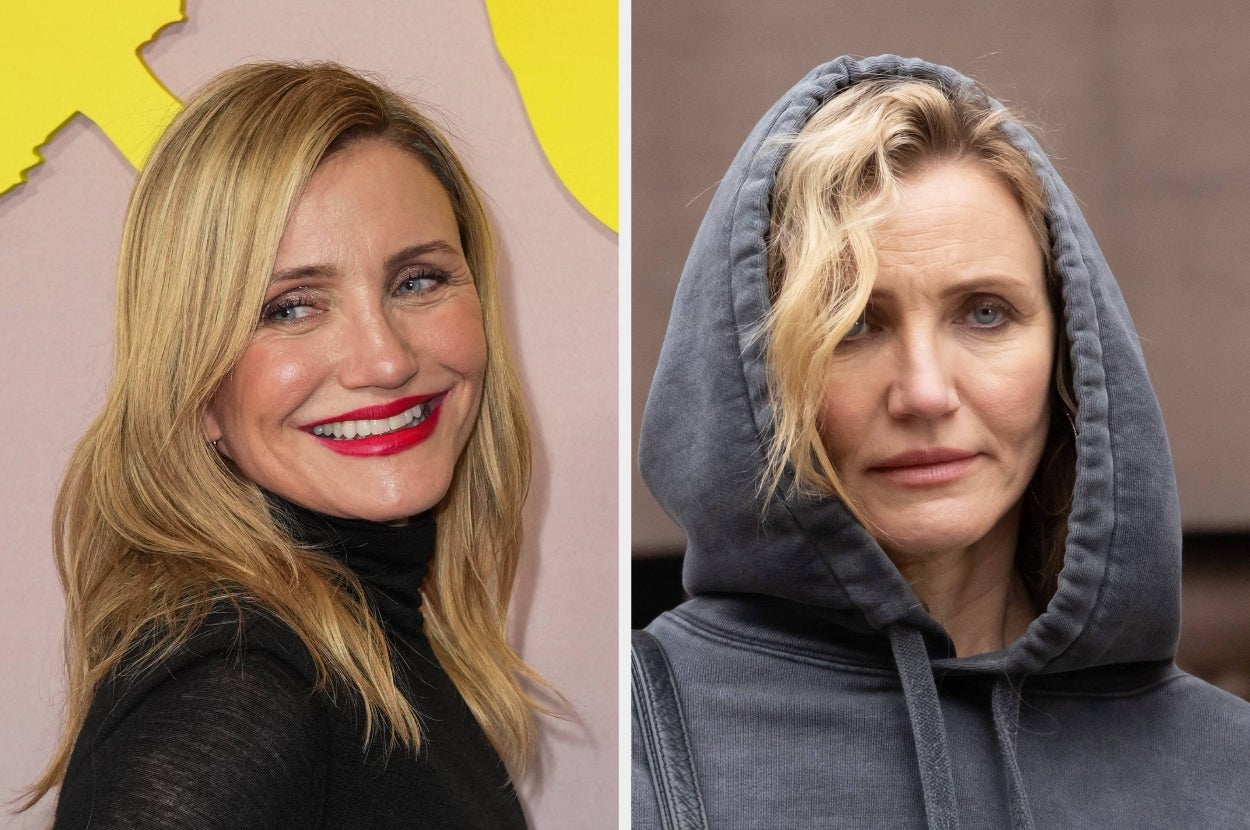 Person on left in a black outfit smiling at an event; person on right in a casual hoodie looking serious outdoors