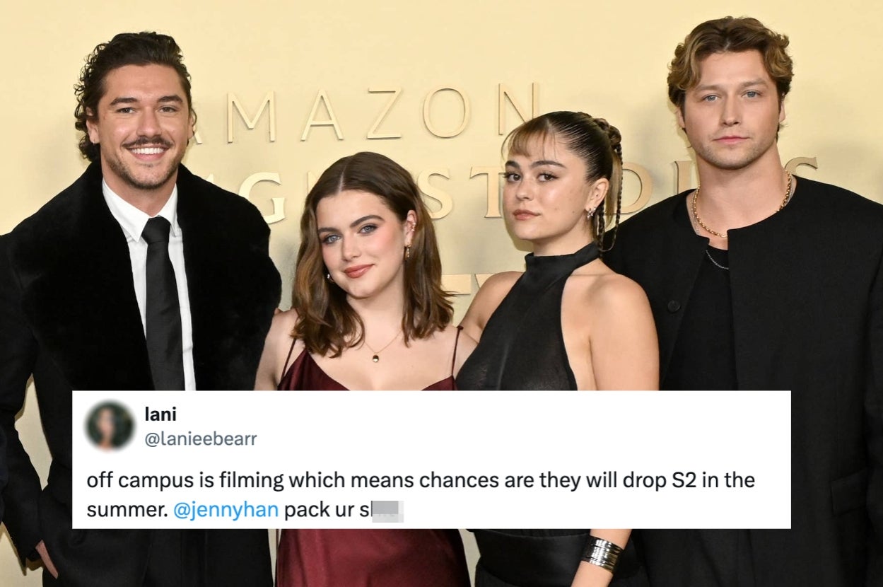 Three individuals in formal attire stand together at an event. A tweet overlays the image discussing the filming and possible release of a TV show's second season