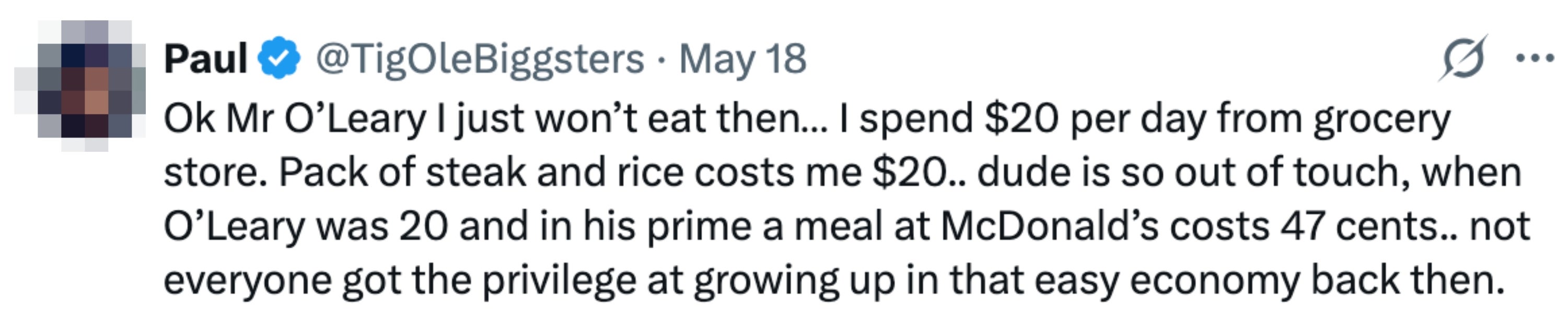 Tweet criticizing someone named O'Leary for being out of touch with current grocery costs compared to past fast food prices