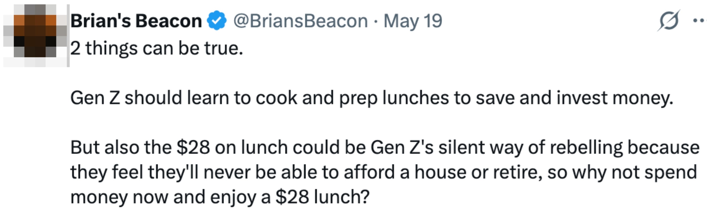 Tweet discussing Gen Z lunch habits: balancing saving by cooking versus spending as a form of rebellion due to financial uncertainties