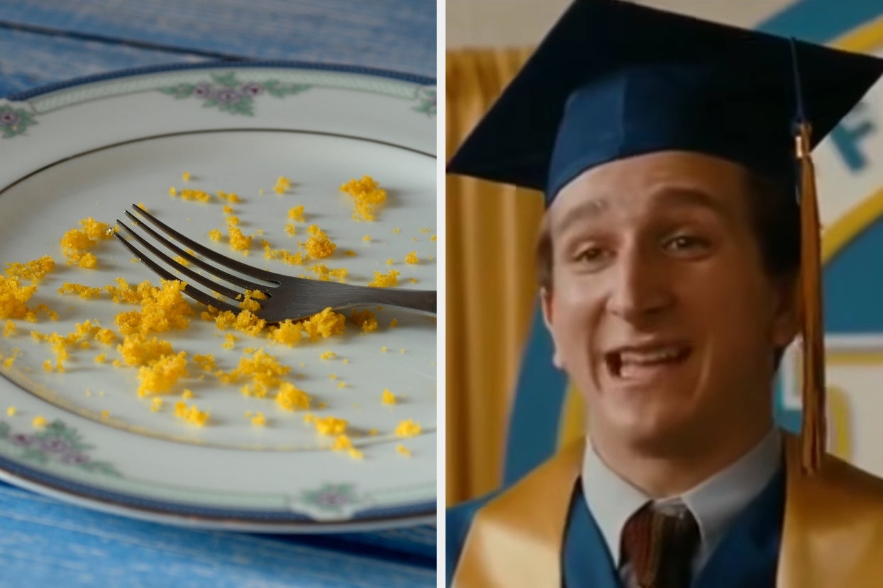 Left: Plate with crumbs and a fork. Right: Paul Rust in "I Love You Beth Cooper" in a graduation cap and gown smiling