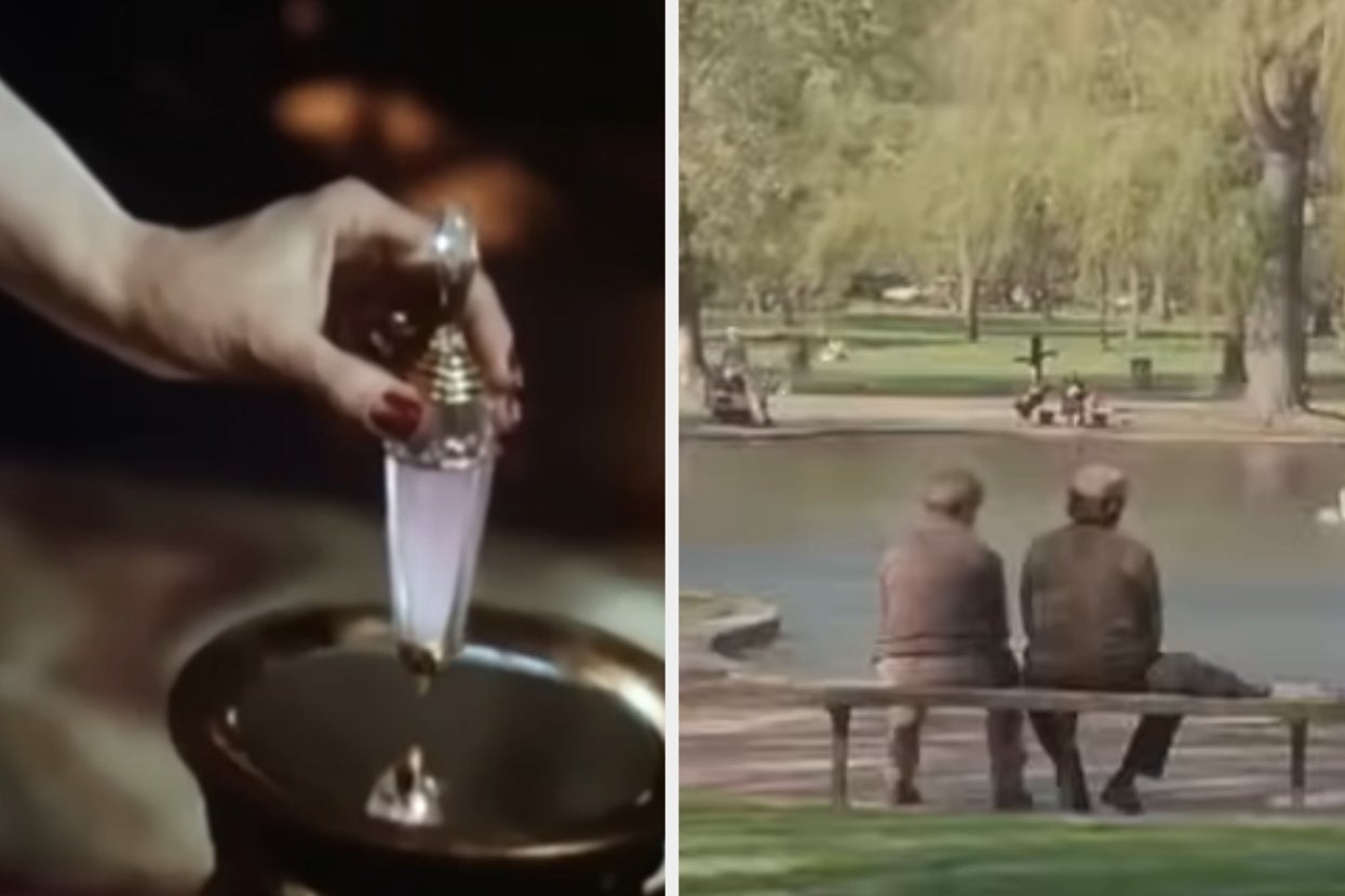 Left: Hand holding a perfume bottle over a dish. Right: Two people sitting on a bench facing a pond in a park