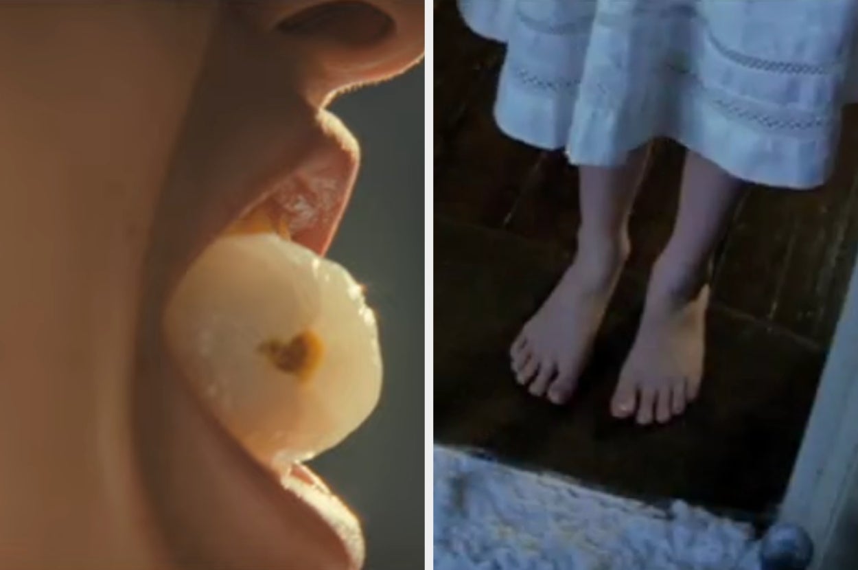 Close-up of a person's mouth holding a peeled lychee fruit; next to it, a person standing barefoot on a rug