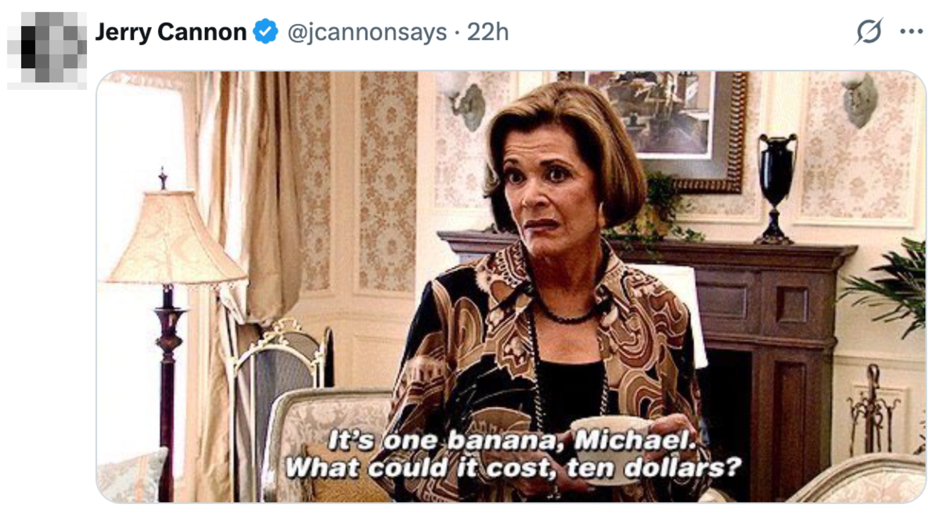 Woman in patterned blouse in a living room setting, saying, "It's one banana, Michael. What could it cost, ten dollars?"
