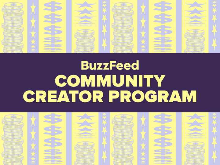 BuzzFeed Community Creator Program announcement with stylized patterns of coins and stars