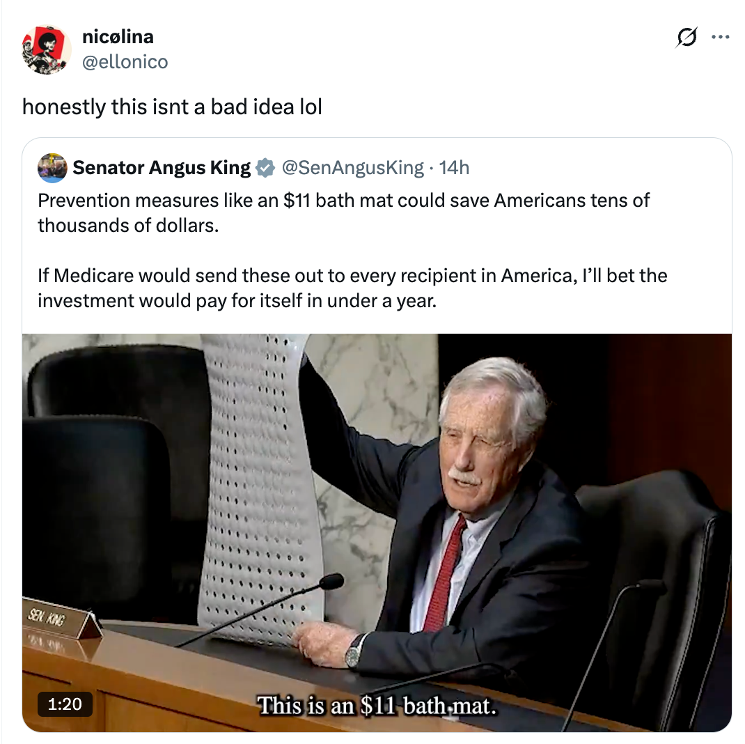 Image of Senator holding an $11 bath mat in a political setting with captions about cost-saving prevention measures