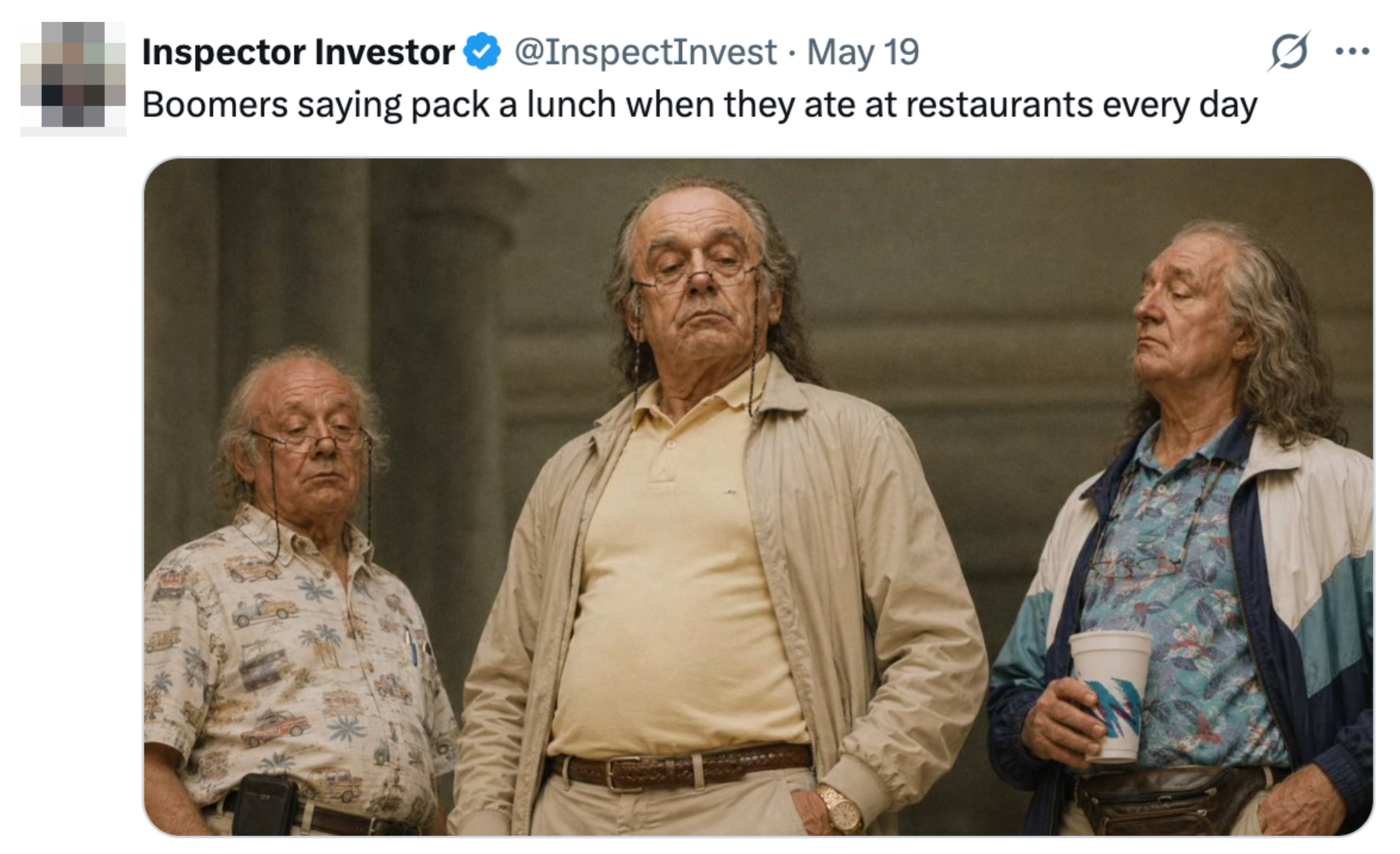 Three older men in casual shirts and a jacket stand with confident expressions. Text above humorously comments on the older generation's eating habits